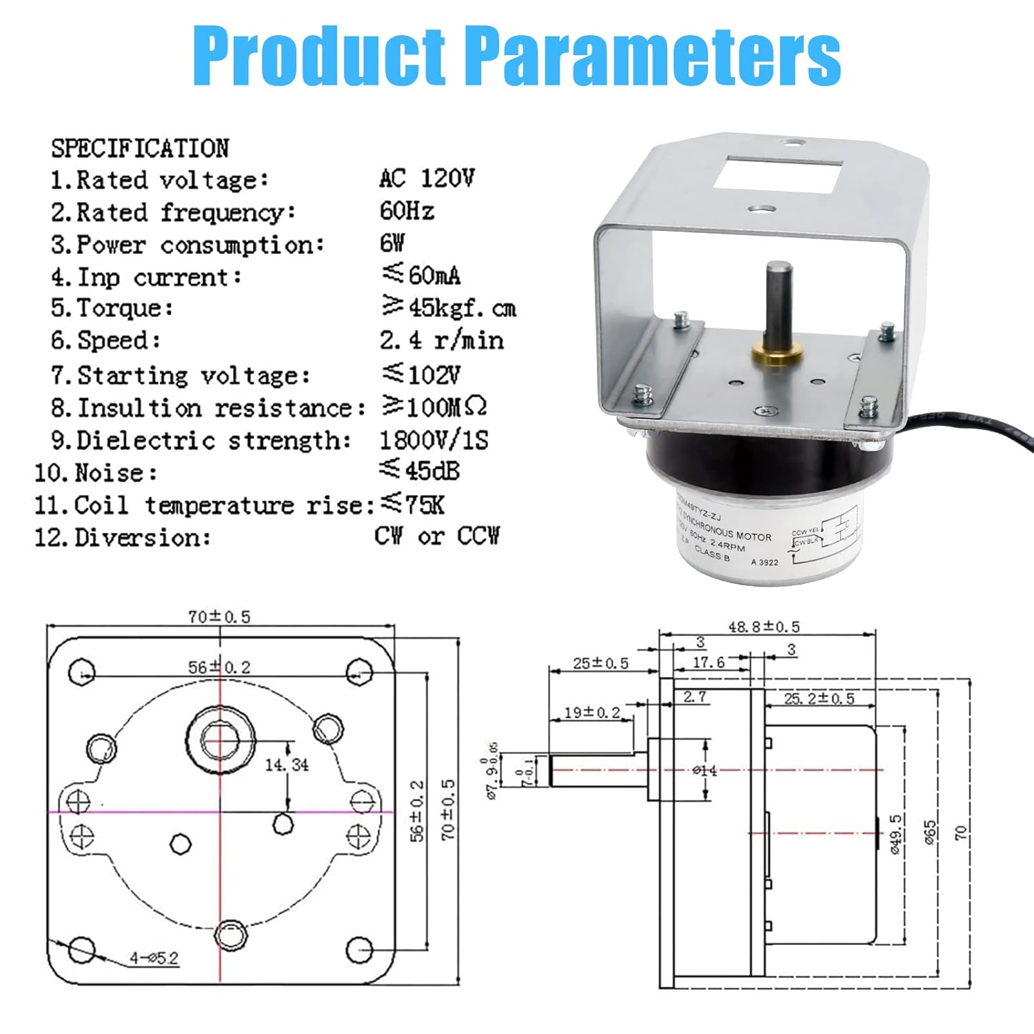 Adviace 812-4421 Auger Feed Motor for Quadrafire Classic Bay 1200, Castile, Santa Fe Pellet Stove, 2.4 RPM Auger Motor for Heatilator CAB50, PS50 Pellet Stove. (with Bracket)