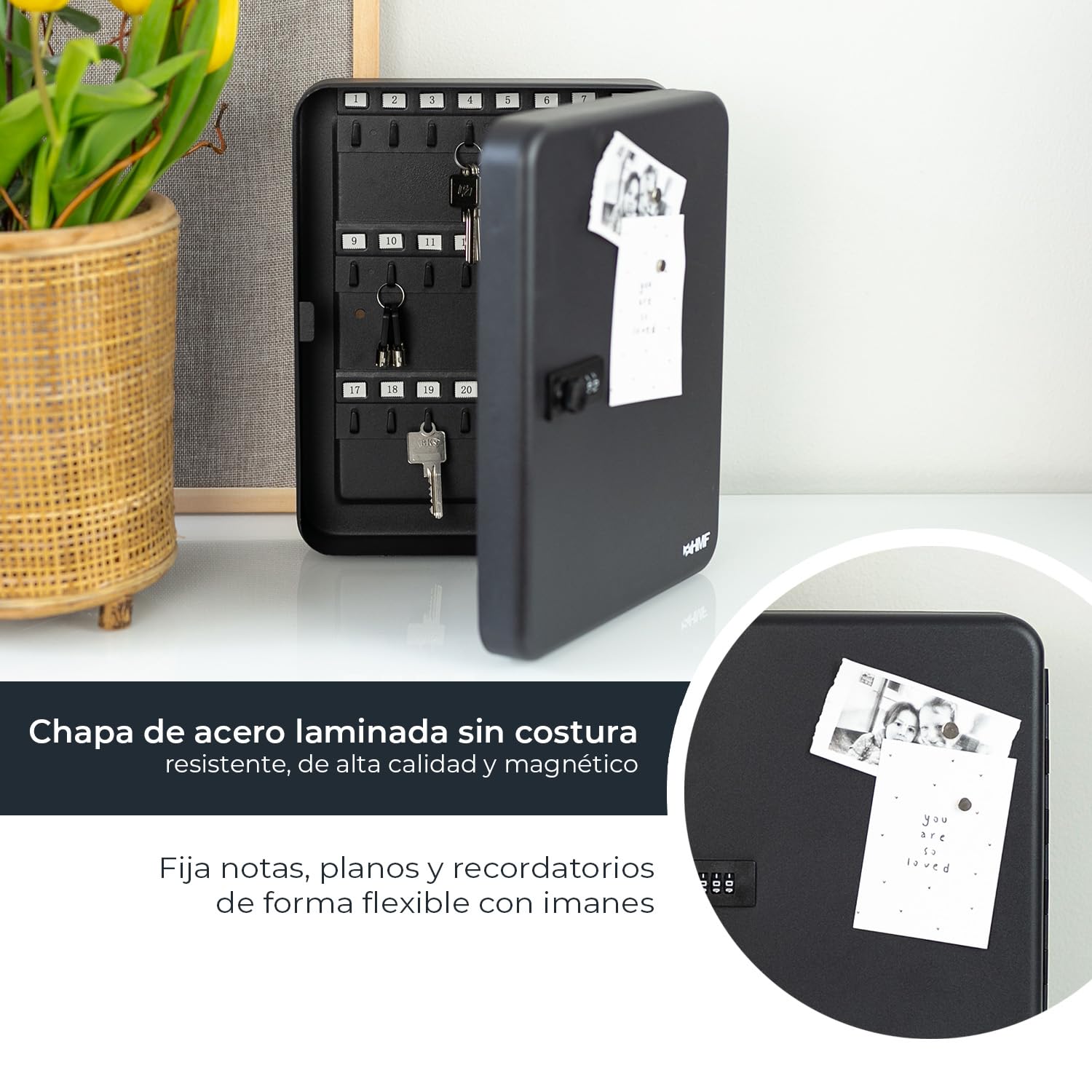 HMF Caja para Llaves Grande de Acero, Armario para Llaves con código numérico para Pasillo, despacho o Garaje | 45 Ganchos | 30 x 24 x 7,5 cm | Negro
