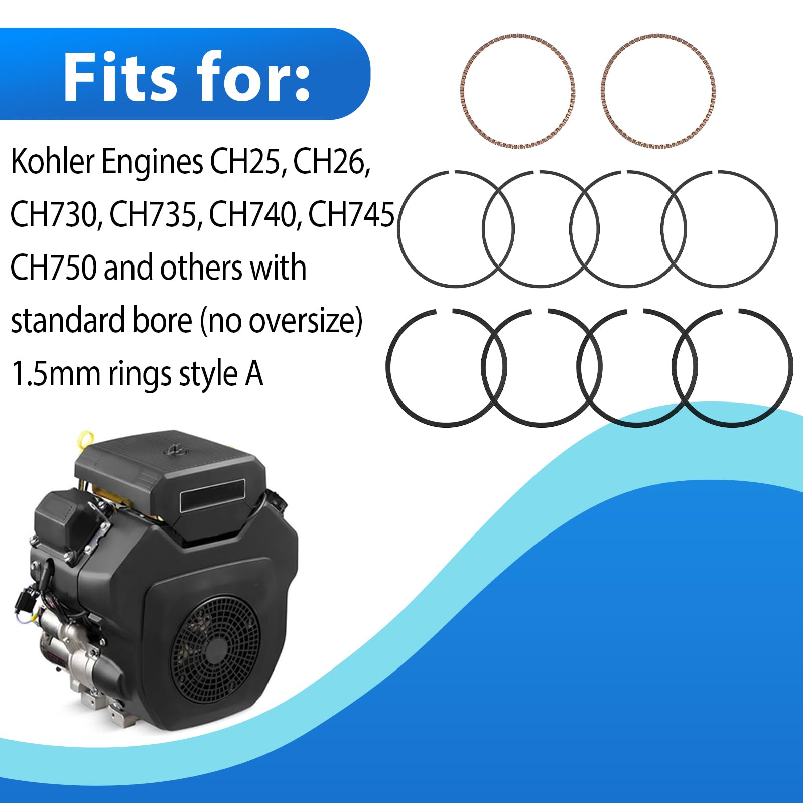 Dos juegos de anillos de pistón para motores Kohler CH25 CH26 CH730 CH735 CH740 CH745 CH750 y otros 24-108-14-s 2410814s