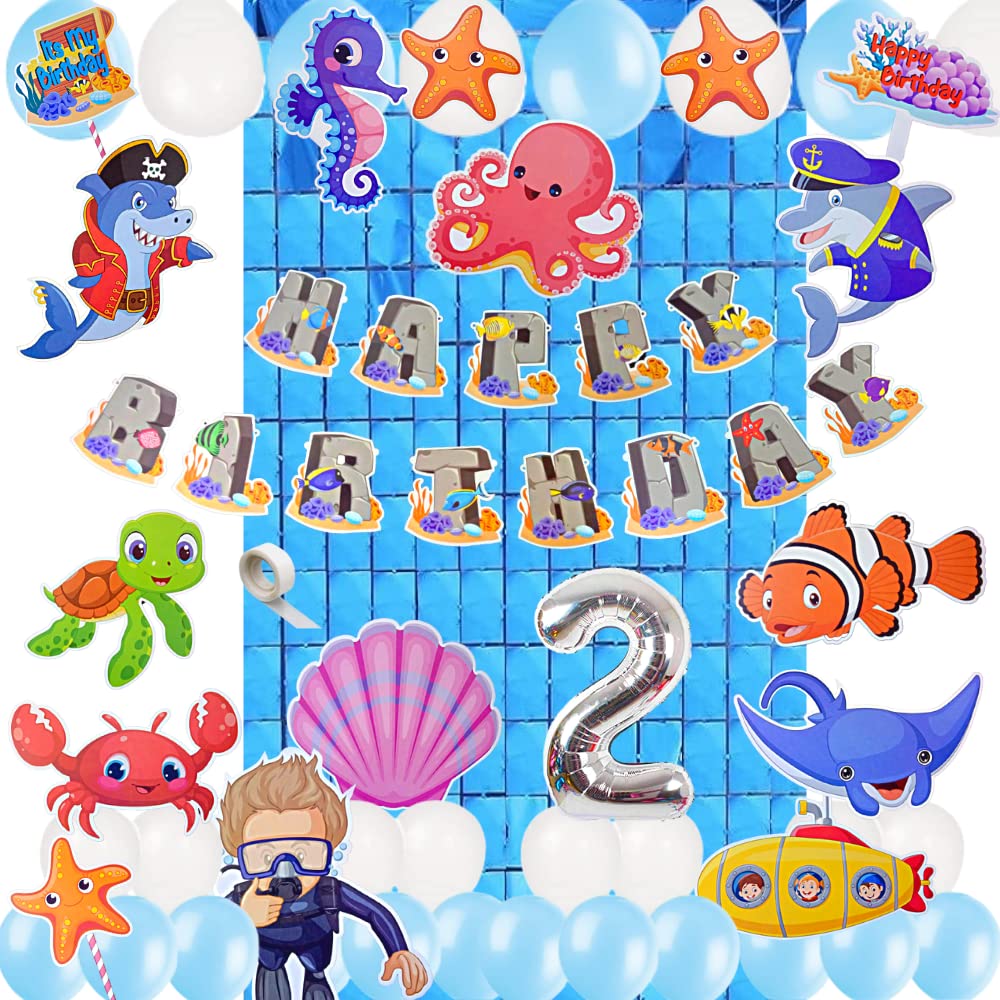 FI - FLICK IN 51 pcs 2nd Birthday Decoration for Boys Animal Theme Metallic Balloons Marine Animals Cutouts Props Cake Topper Square Curtain Baby Shark Theme Birthday Decorations (Pack of 51, Blue)