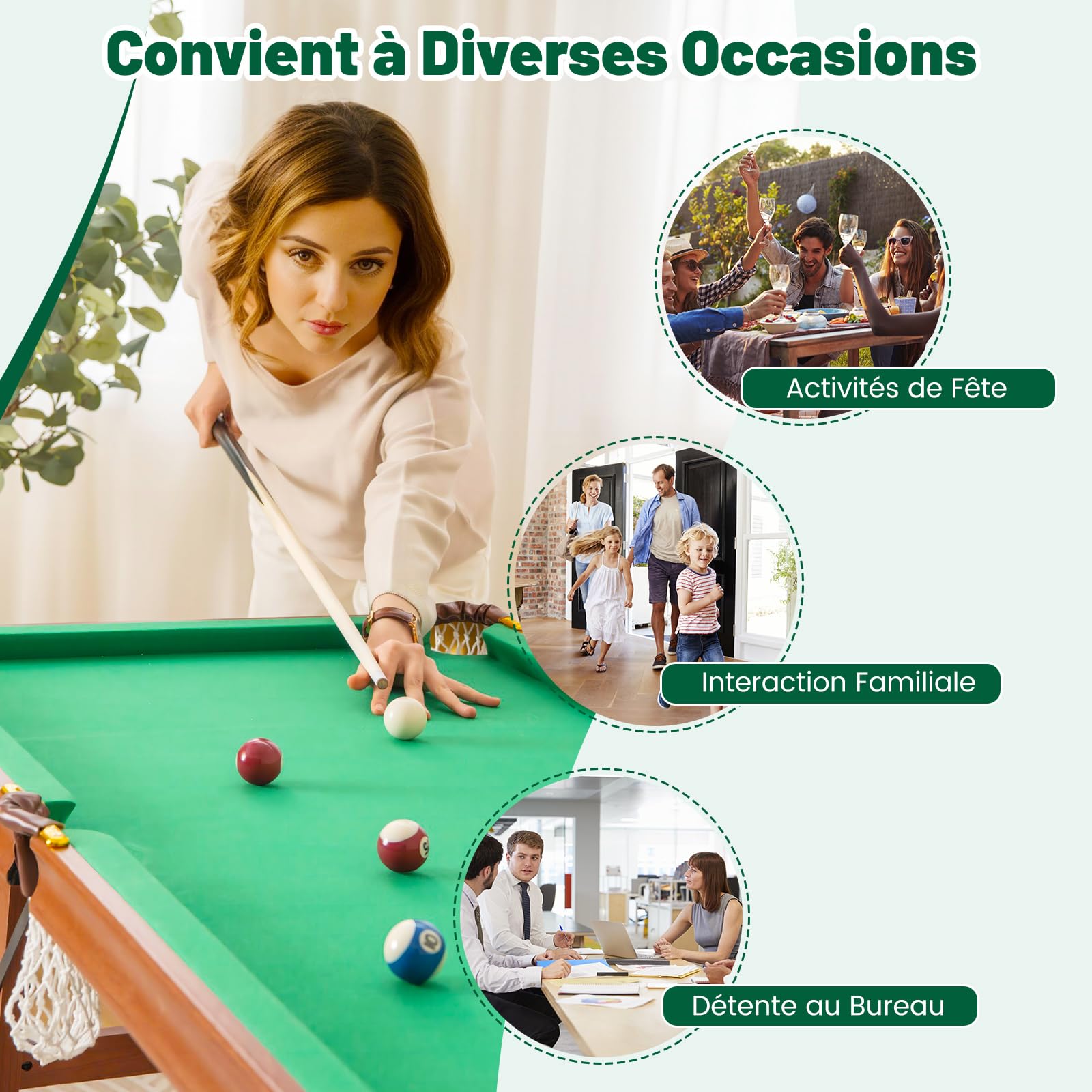 COSTWAY Table de Billard Americain Pliable avec Accessoires(2 Queues, 16 Boules, Triangle, 2 Craies, Brosse), Jeu de Billard avec Pieds Réglables, Marron et Tapis Vert, 138 x 67 x 79,5 CM