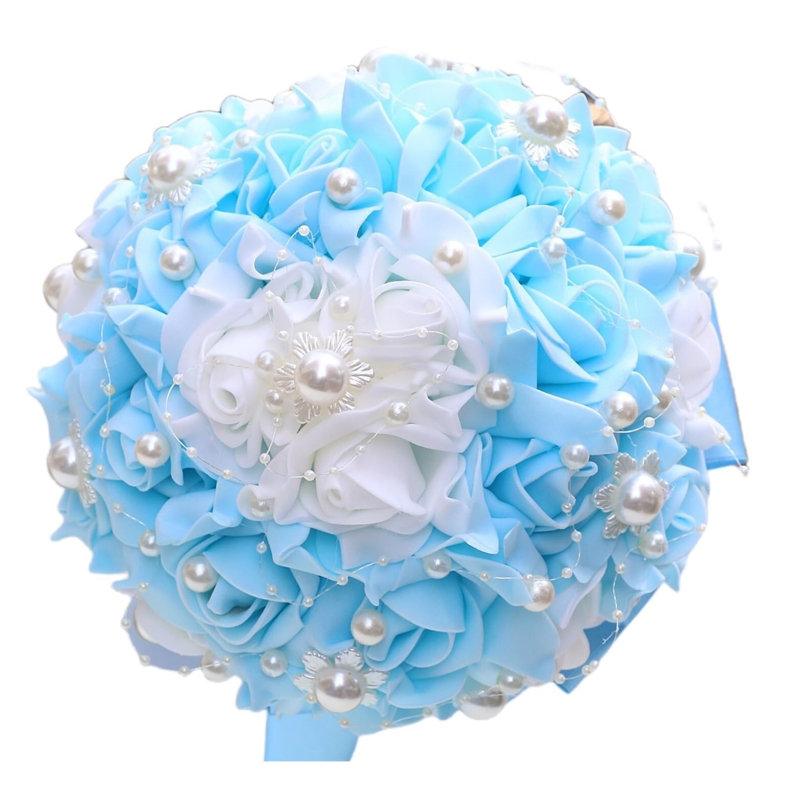 Yanonug Light Blue Bridal Bouquet Diamond Pearl Artificial Flower Bouquet Wedding Bouquet Blue And Ivory Ribbon Wedding Bouquet(20cm)