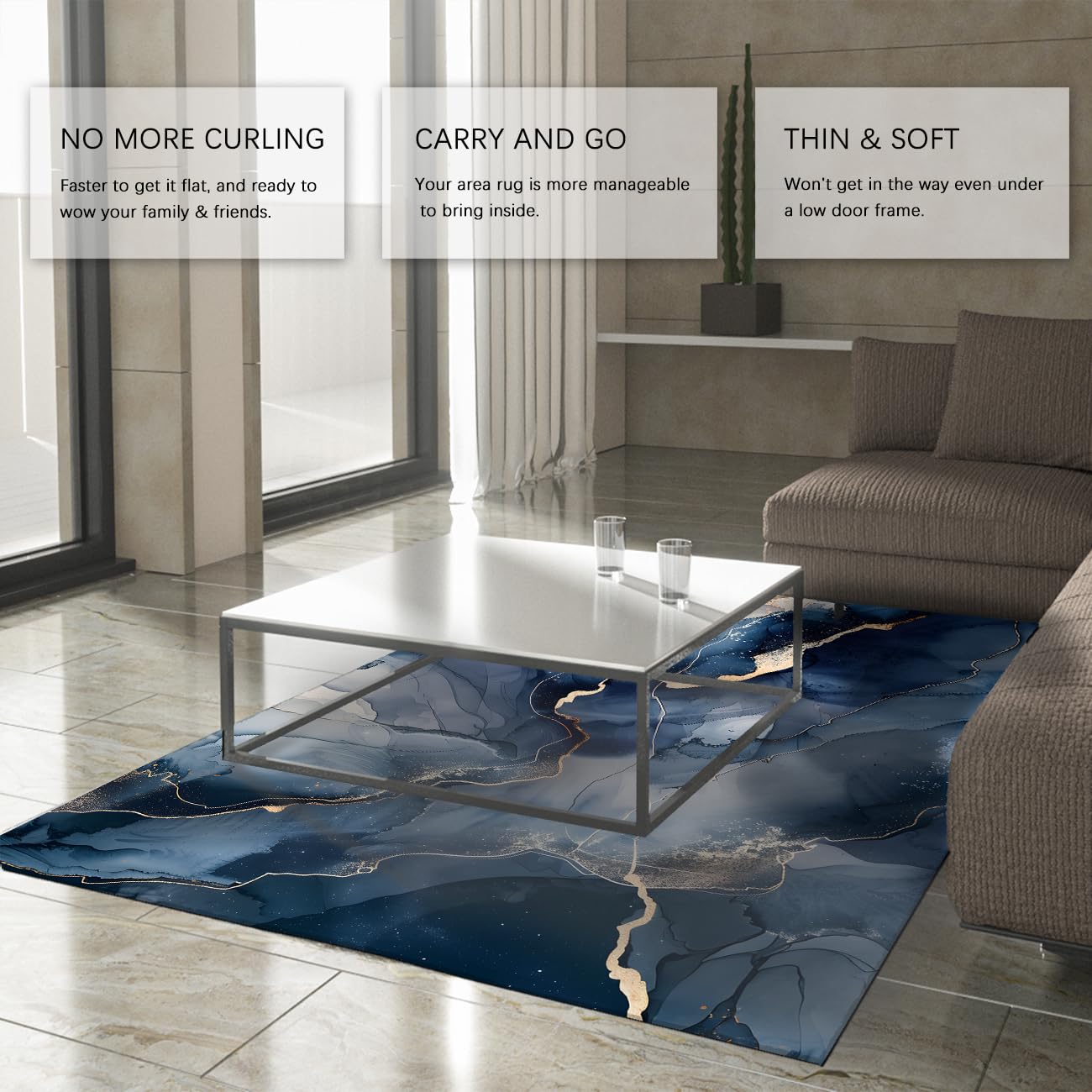 Waschbarer Teppich 180x240 moderner Marmorteppich für Wohnzimmer Schlafzimmer Esszimmer weich niedrigflor maschinenwaschbar rutschfest Nicht abfallend goldblau Fußmatte