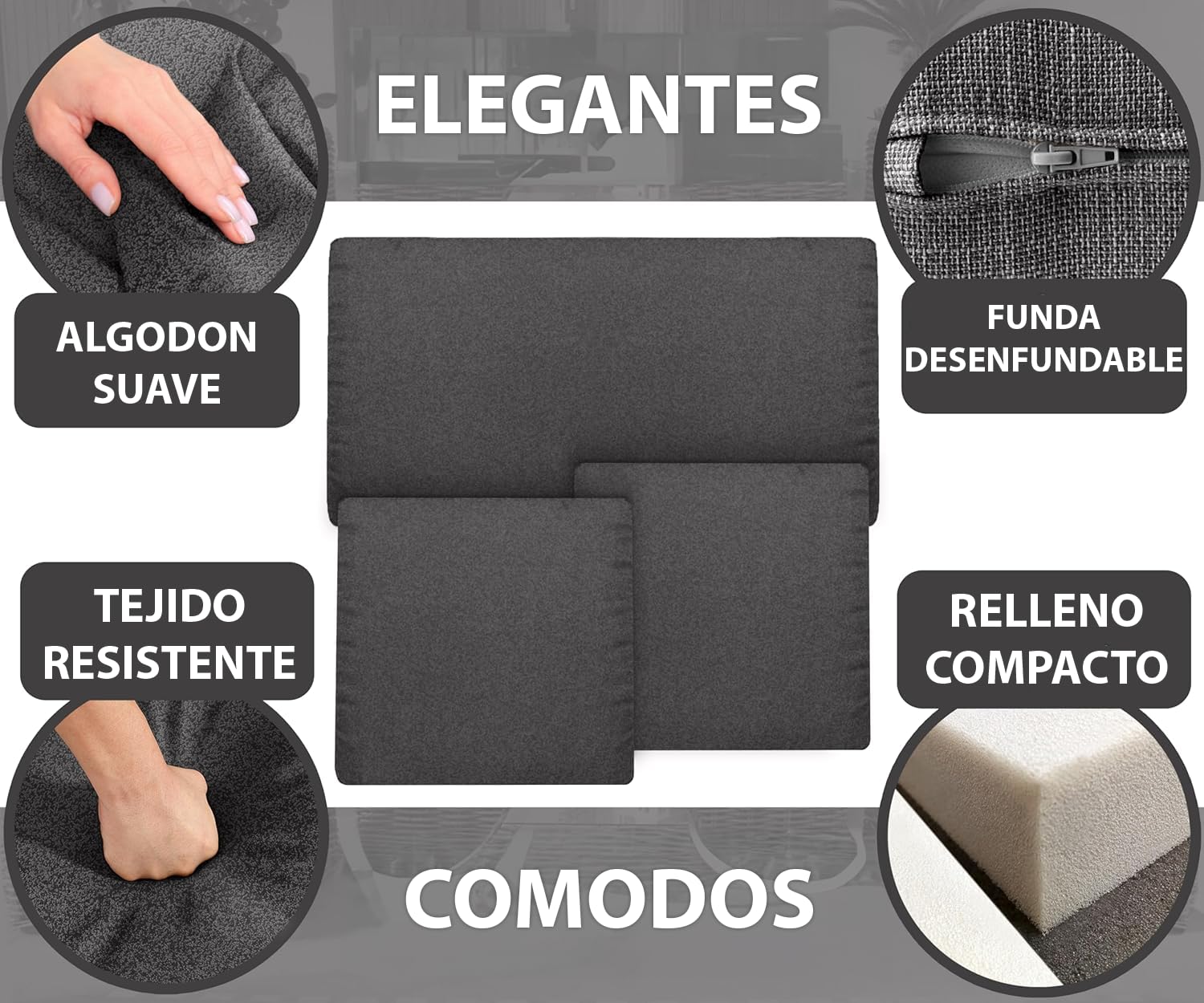 HAND 4 Cojines de Exterior de 52 x 50 cm, Altura de 4 cm, para sillas de jardín, Acolchados, Cojines para decoración de Exteriores (Antracita)