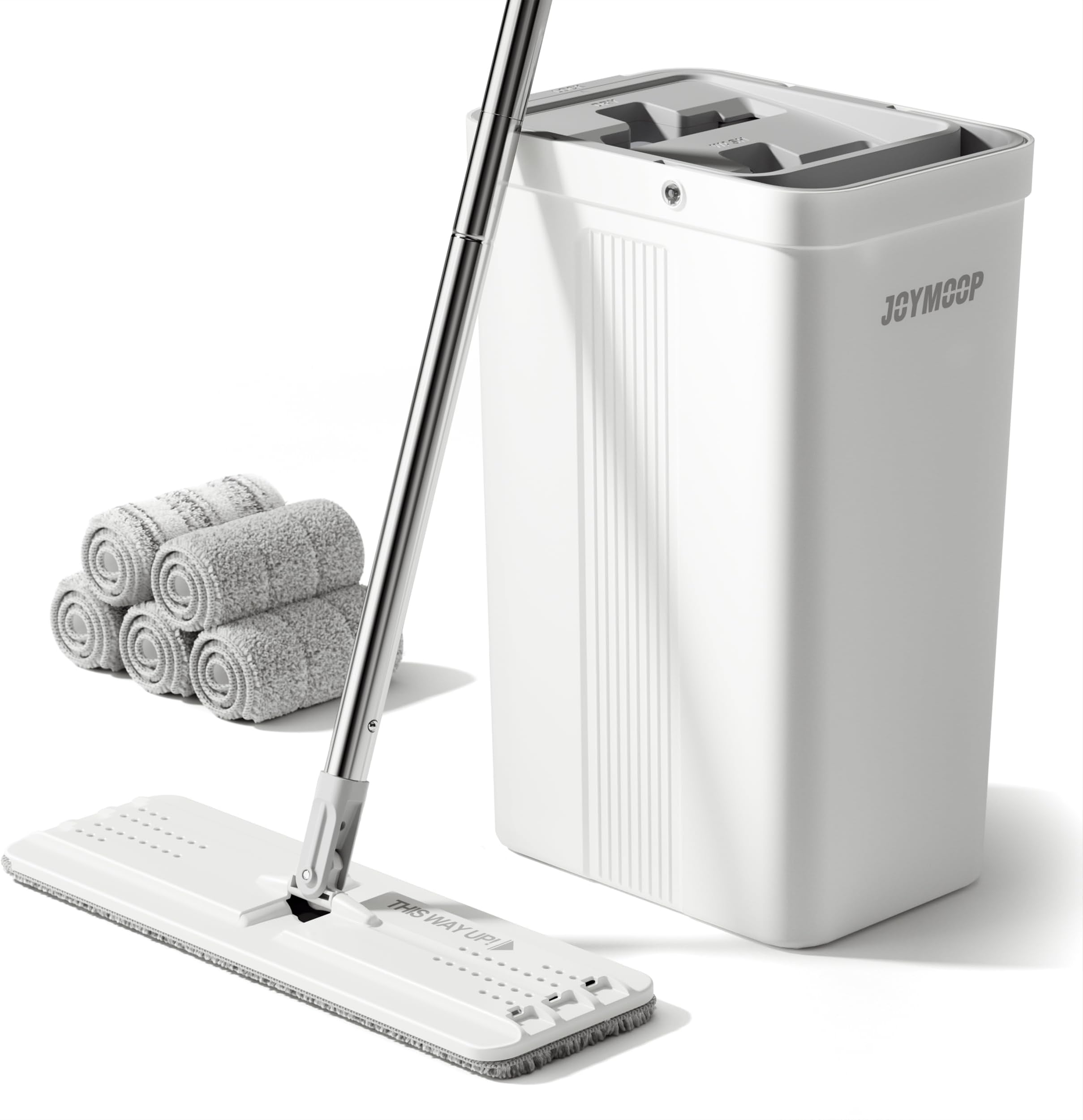 JOYMOOP Mop and Bucket Set with Squeezer White Flat Squeeze Mop Bucket Set for Floor Cleaning Wet Dry Mop Wall Cleaner with Long Handle Hardwood Floor Mop-5 Microfiber Cloth