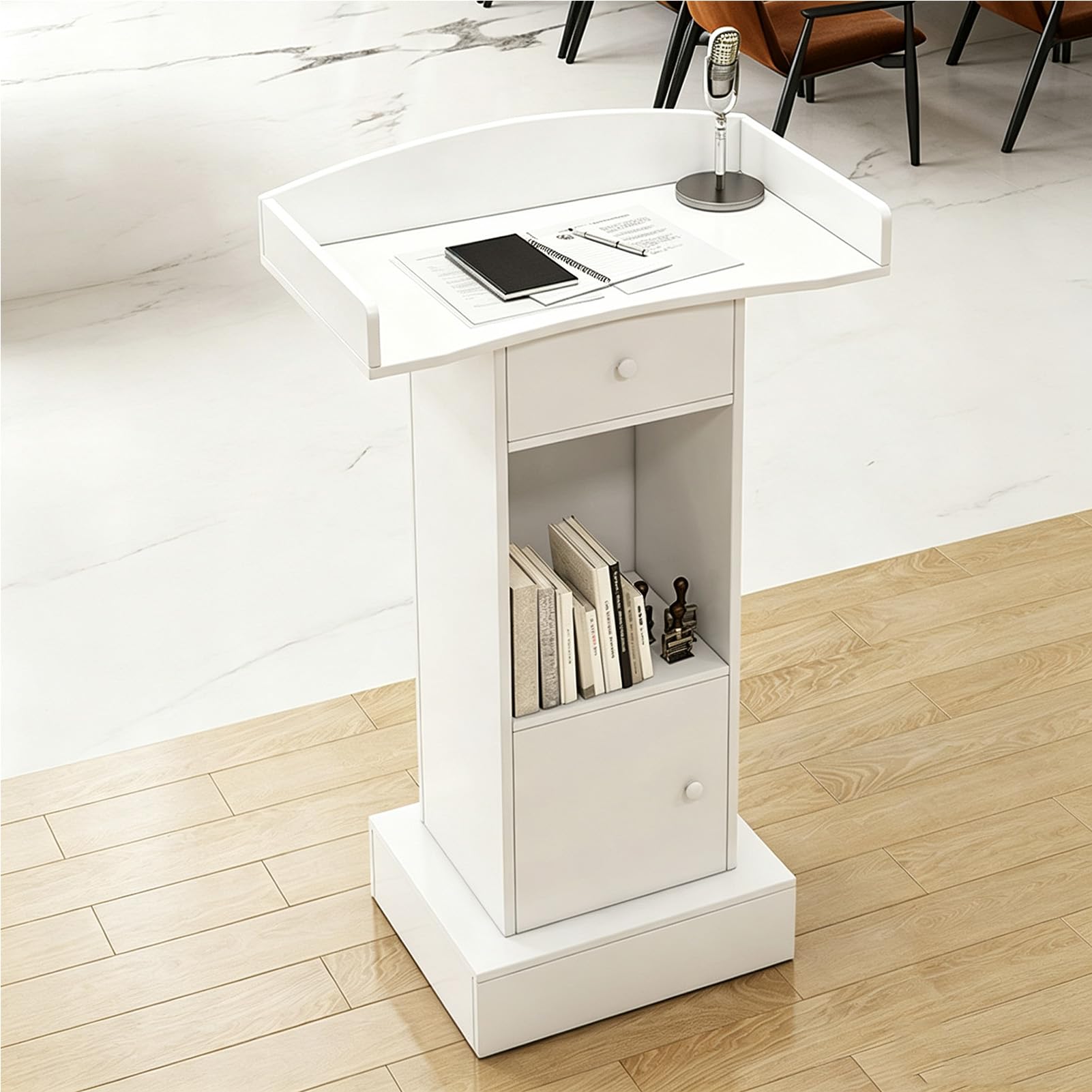 Pupitre en Bois, Bureau sur Pied pour Podium,White+Door & Drawer