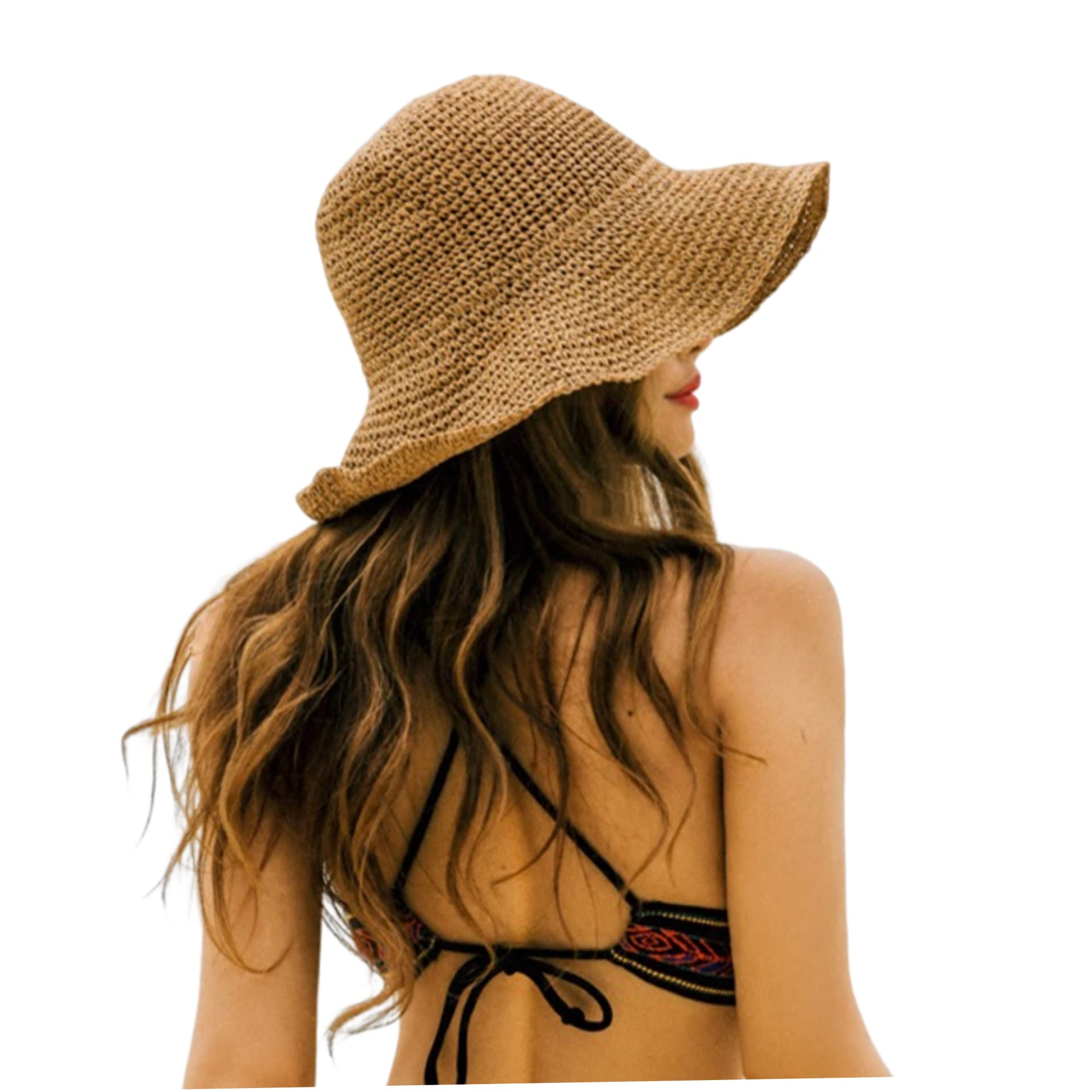SunaOmni Sombrero de playa para mujer, sombrero de paja de verano para mujer, sombrero de paja plegable con ala ancha para mujer, sombrero de verano caqui, sombreros de verano para mujer, sombreros de sol para