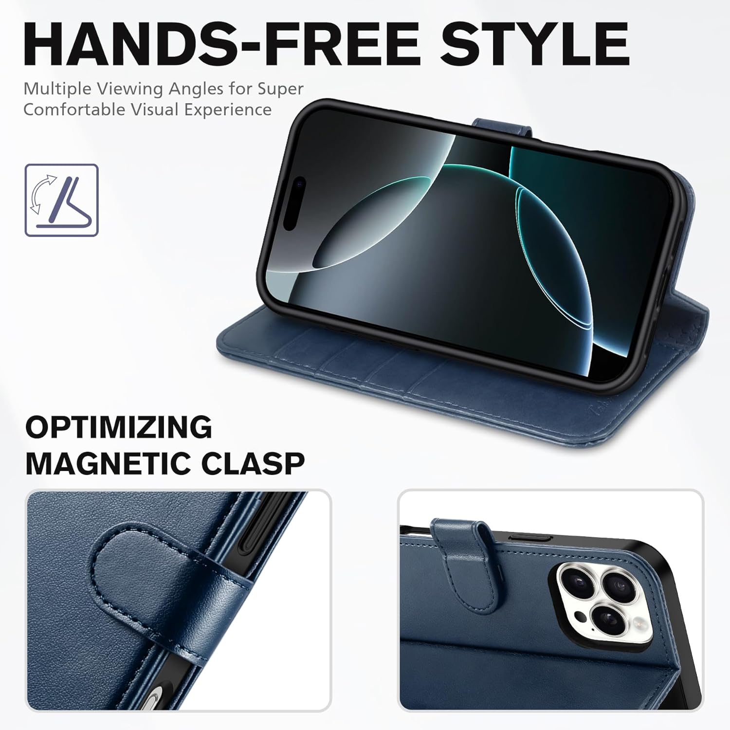 TUCCH Case Wallet for iPhone 16 Pro Max, Kickstand Magnetic [RFID Blocking] 4 Card Slots [TPU Inner Shell] PU Leather Protective Cover Compatible with iPhone 16 Pro Max 5G 2024, Dark Blue