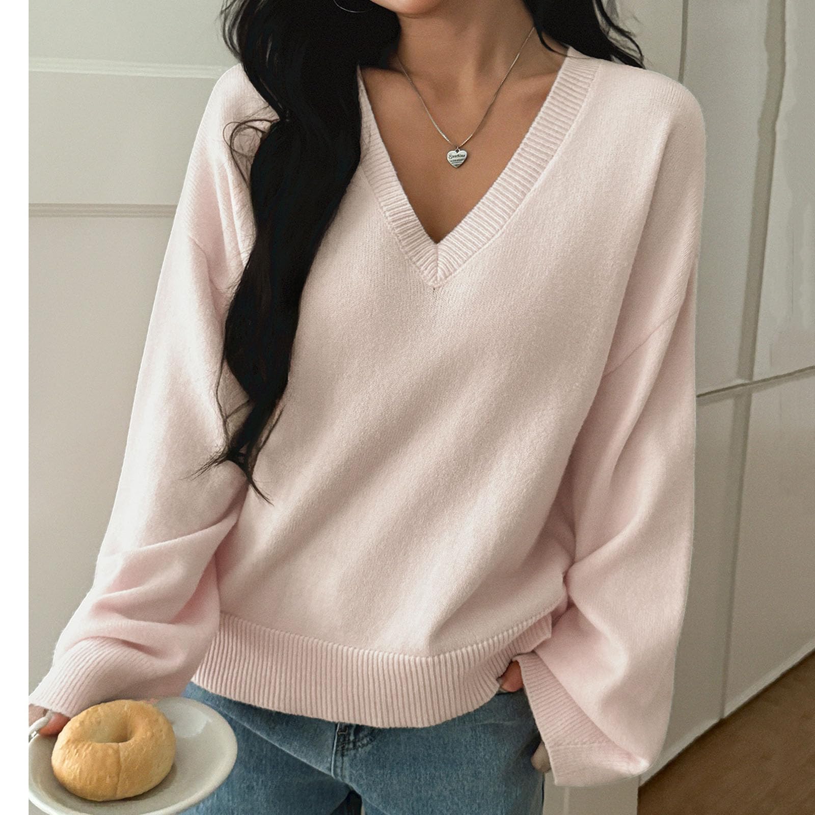 Pull à Manches Longues à col en V pour Femmes, Haut tricoté à côtes Douces, Pull décontracté Confortable de Couleur Solide