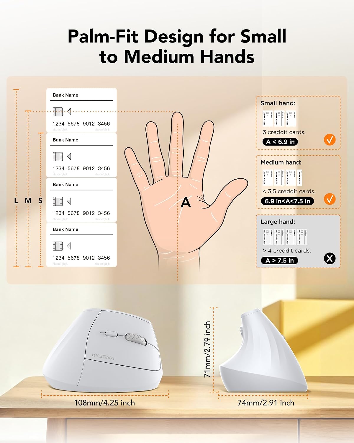 KYSONA Ergonomic Mouse Wireless, Bluetooth Vertical Mouse, 5-Level Adjustable DPI, 2.4G Silent Switch Mice for Windows, MacOS, IPadOS, Laptop, PC, White