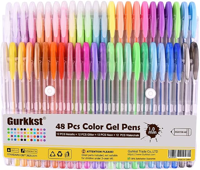 Gurkkst 48 Packs Color Gel Ink Pens Set The Best Gel Pens for Adult and Kid Colouring Books,Drawing,and Writing (12 Metallic + 12 Glitter + 12 Neon + 12 Water Chalk)