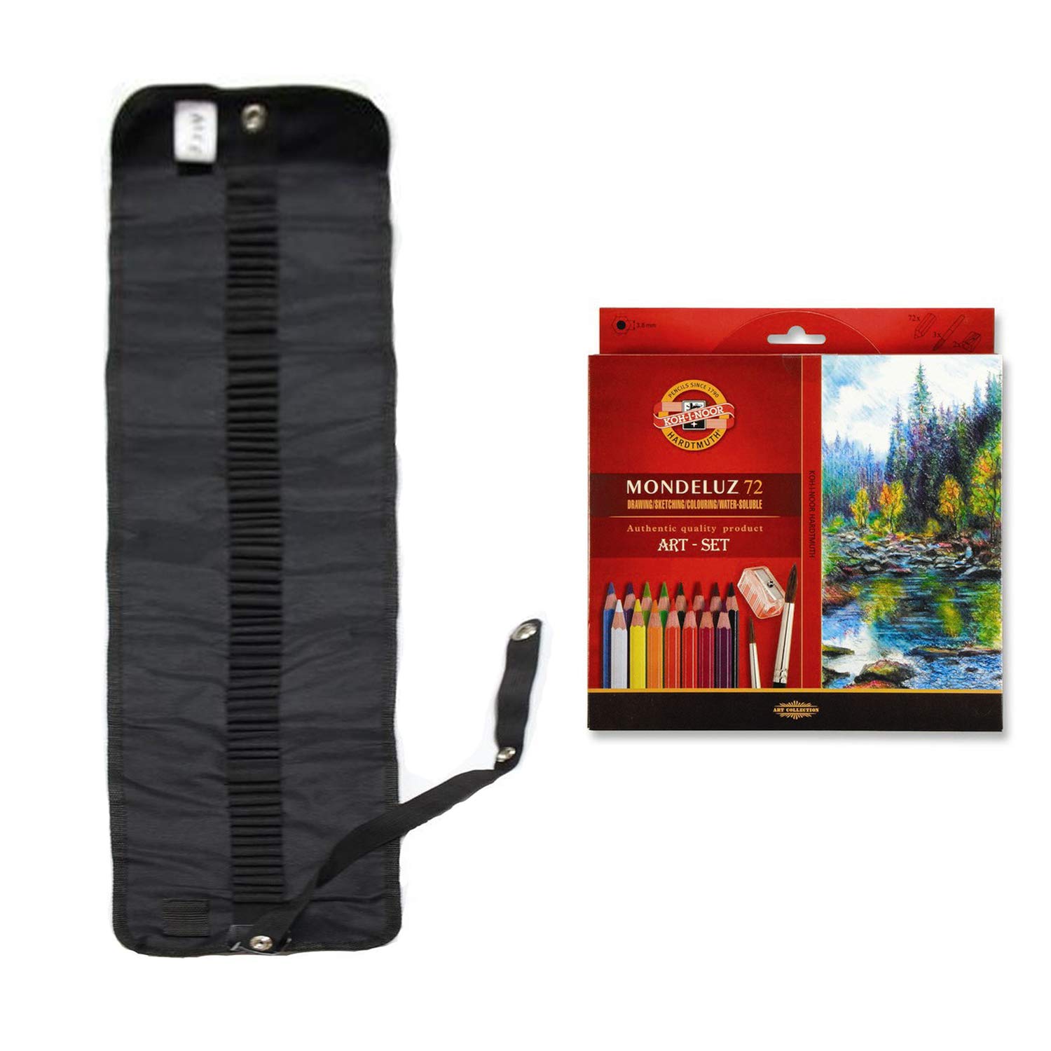 Koh-I-Noor MONDELUZ 3720-72 + 3714 - Set with Empty Pencil Roll and 72 Watercolour Pencils + 2 Brushes and a Sharpener for Filling Yourself
