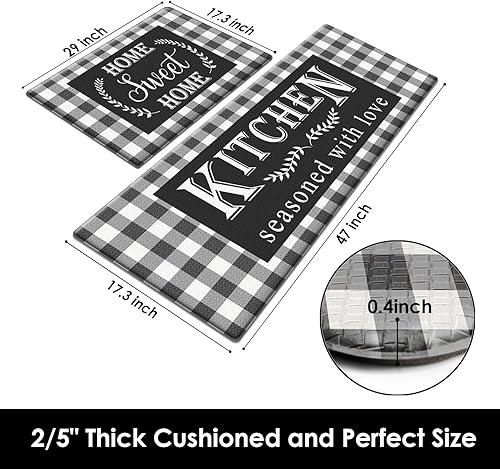 Miniatura 2 de Arttown Juego de 2 tapetes de cocina antifatiga y color blanco y negro con diseño de búfalo, acolchados, resistentes al agua, antideslizante, tapete
