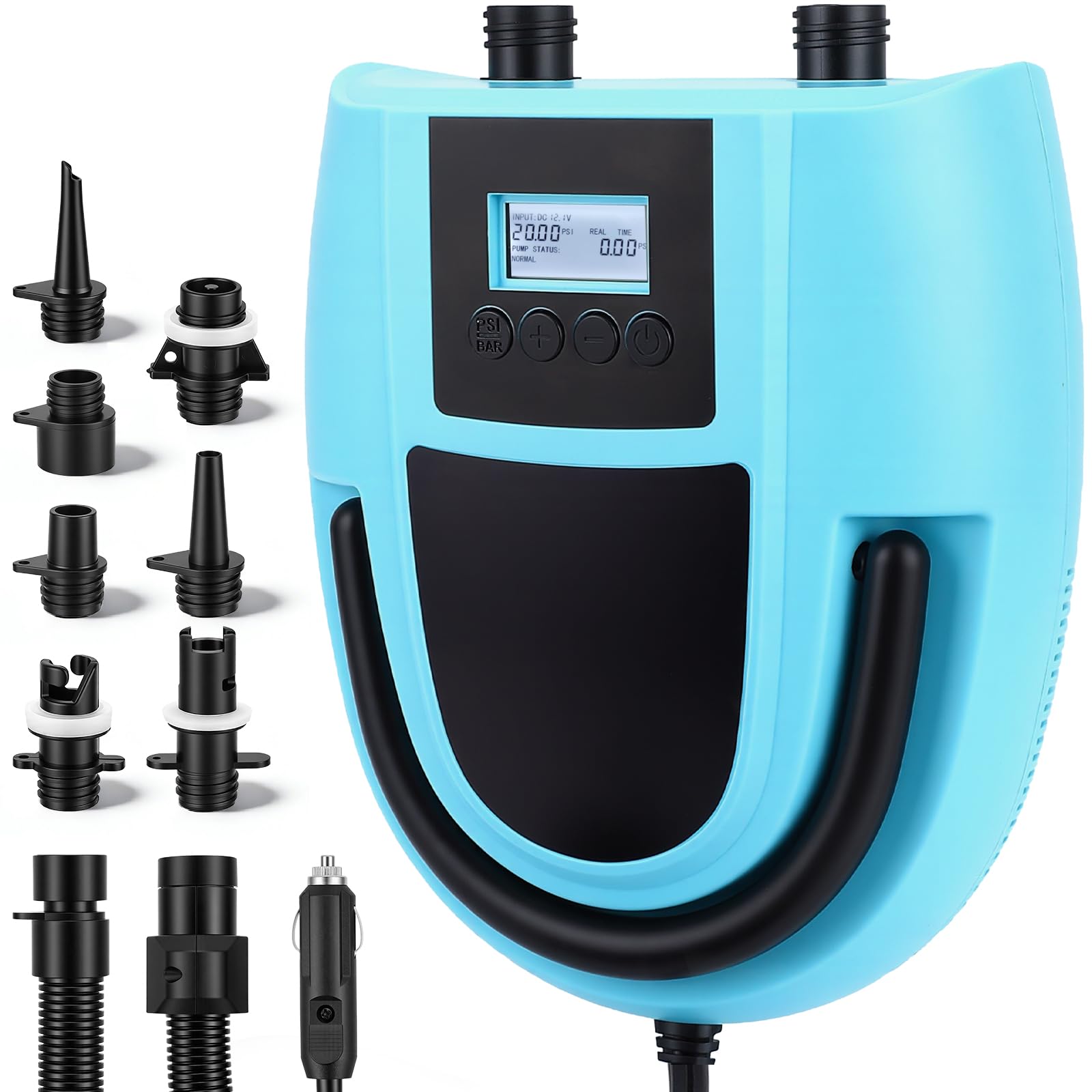 Pompa Elettrica per SUP, 12V con Spegnimento Automatico, Pressione Regolabile fino a 20 PSI e Display Digitale – Pompa ad Aria Elettrica con 7 Ugelli per Barche, Materassini, Piscine e Gommoni