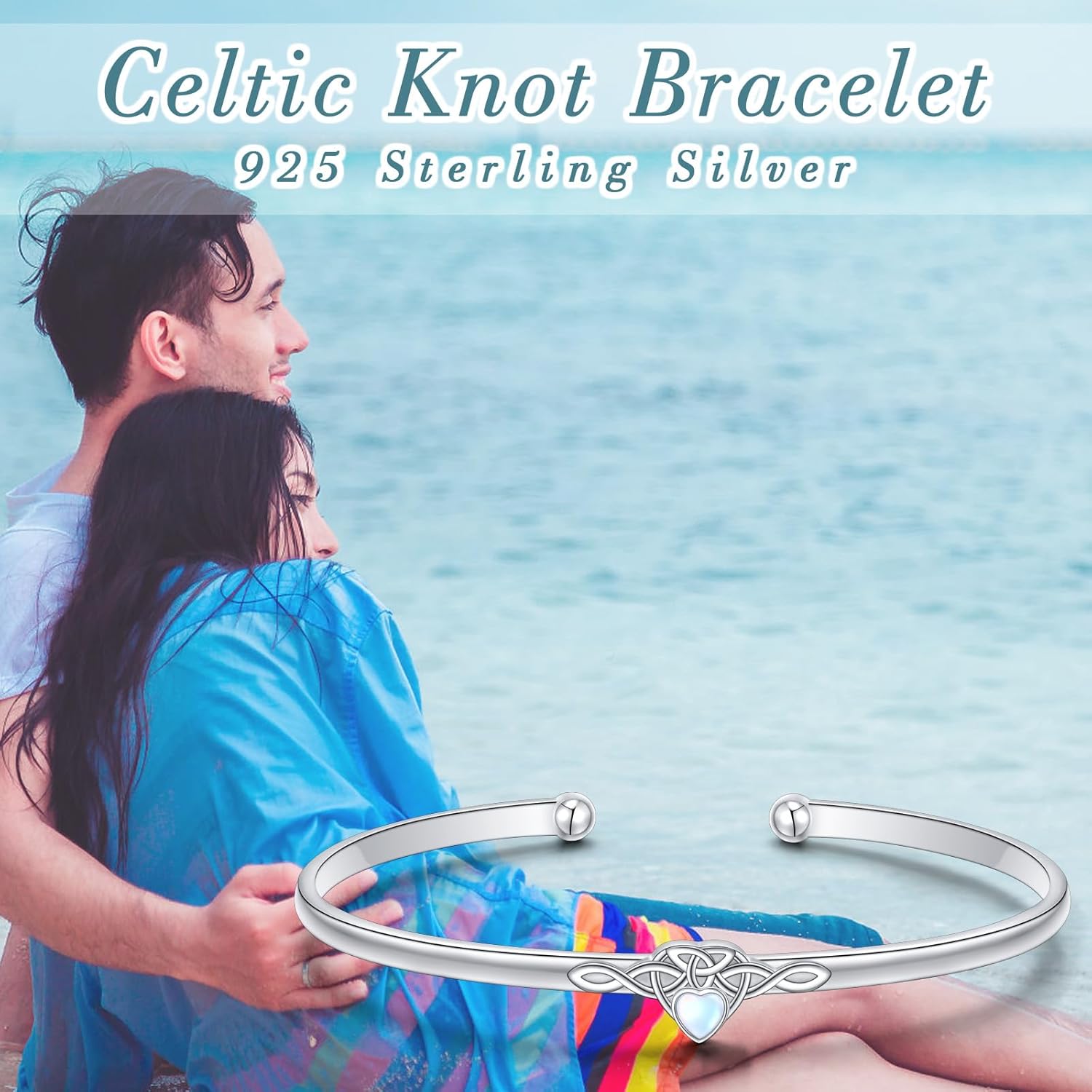 925 Sterling Silver Celtic Knot Moonstone Cuff Bangle Bracelet for Women Adjustable Bracelet Jewelry Gift for Birthday Anniversary Christmas - Image 3