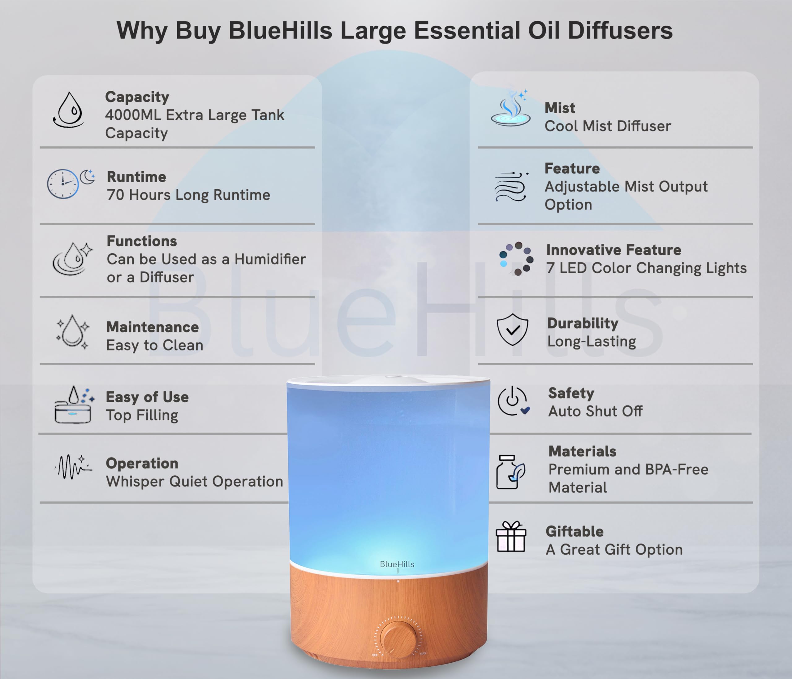 BlueHillsDifusor de aceite esencial humidificador, , 4000 ML, Wood Grain,, ]