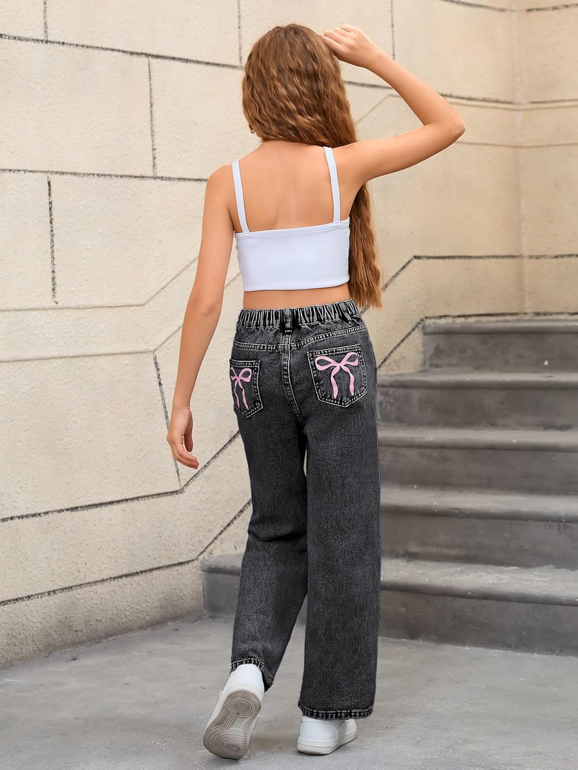 WDIRARA Girl's Bow Print Back Zipper Fly Elastic High Waist Denim Pants Basic Wide Leg Jeans - Image 3