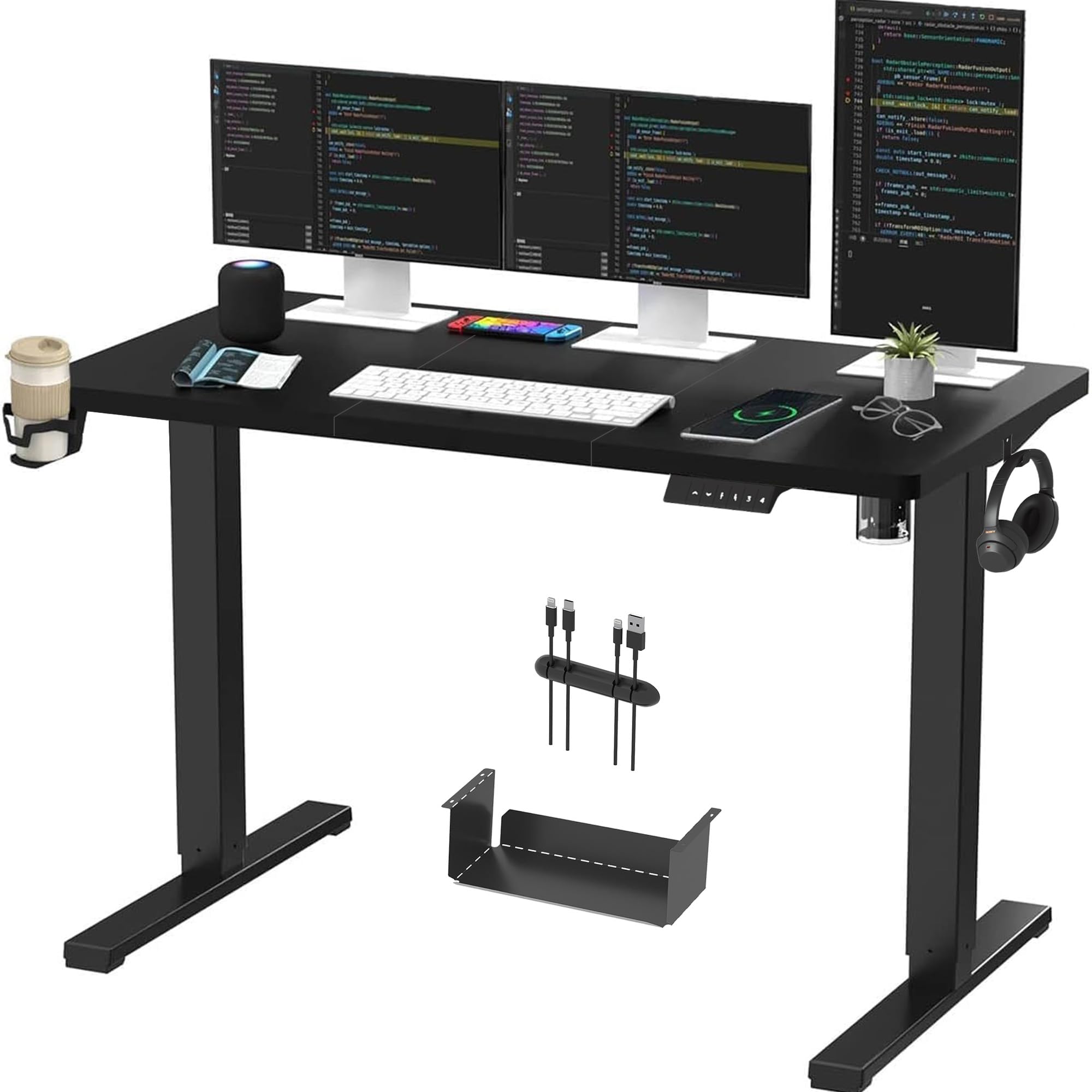 SANODESK QS1+140 * 60 Electric Standing Desk Height Adjustable Standing Desk With Memory Smart Panel Sit Stand Table With Hooks and Cupholder for Home Office (Black Frame+ Black Desktop) — image 1