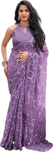 SIRIL Women's Piping &amp; Sequence Embroidery Georgette Saree with Unstitched Blouse Piece