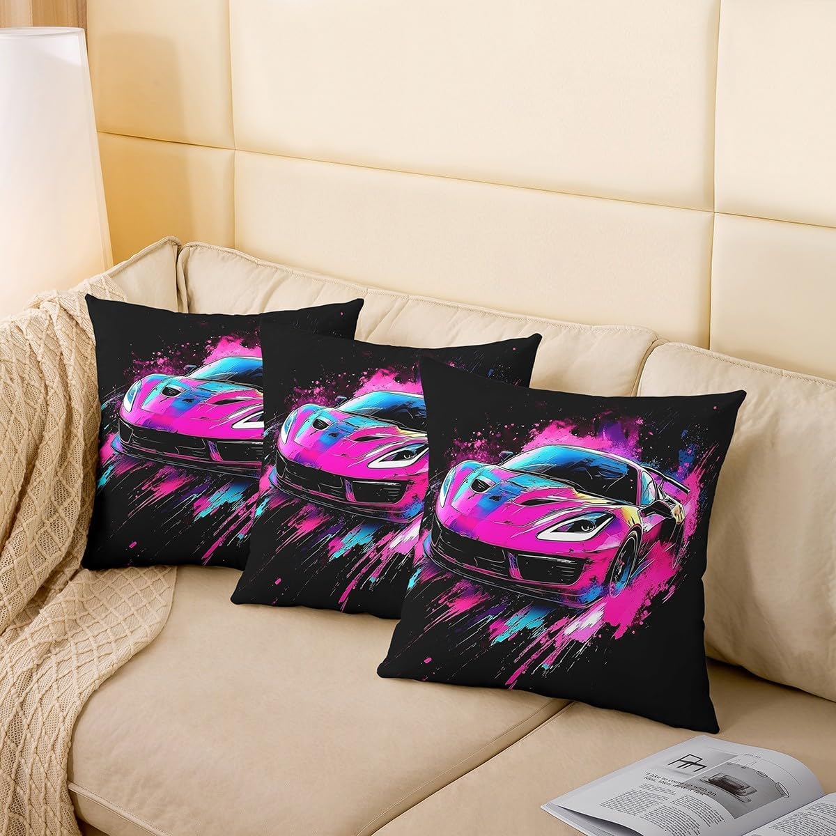 Manfei Race Car Boys Pillow Cover 24"x24",Pink Sports Car Cushion Cover for Couch Sofa, Cool Racing Game Outdoor Pillow Cover,Kids Girls Extreme Sports Reversible Throw Pillow Cover