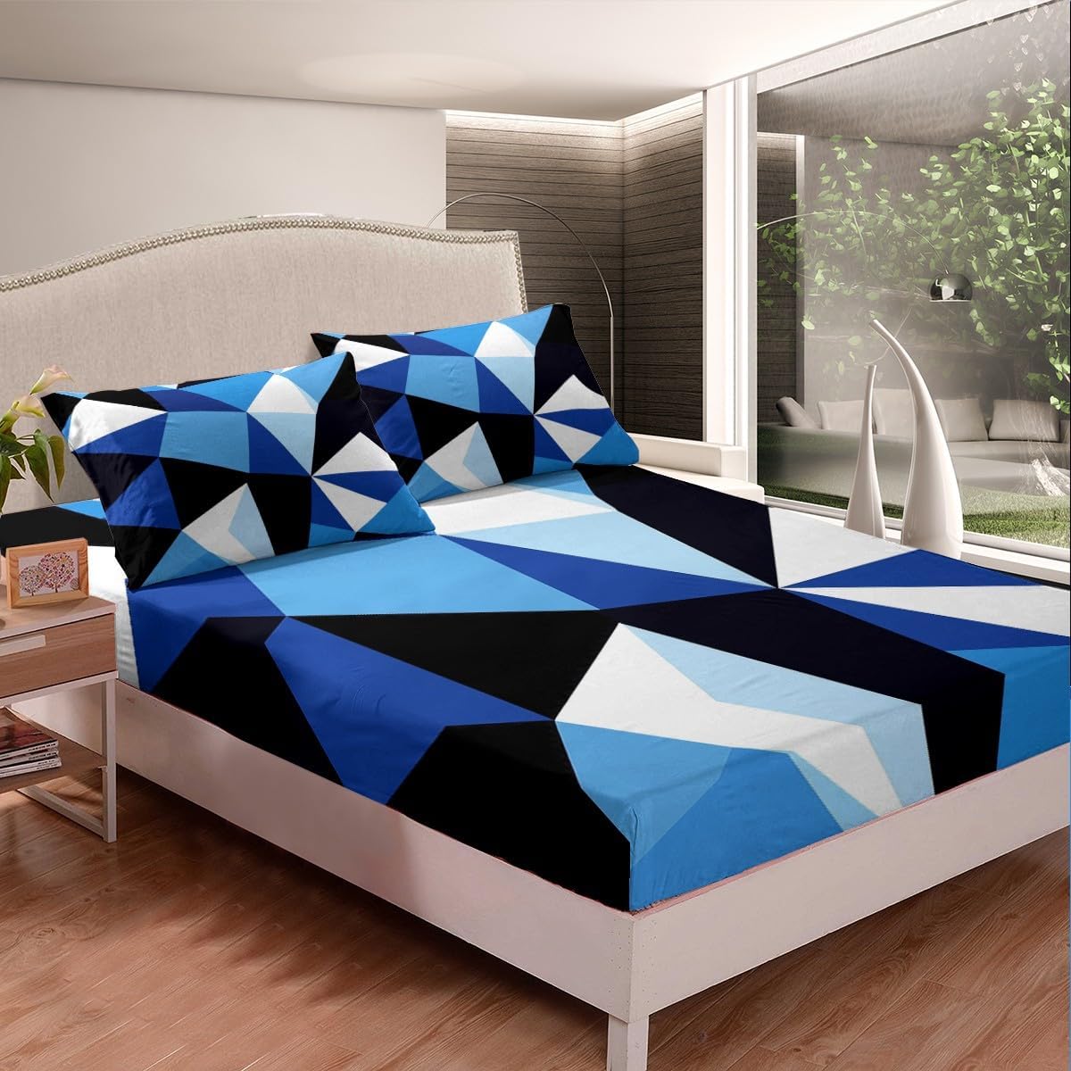 Geometric Fitted Sheet Full 3 Pcs,Blue Black White Bedding Set for Kids Boys Teens Men Room Decor,Abstract Irregular Art Bed Sheet (No Top Sheet), Deep Pocket Sheett,2 Pillowcases