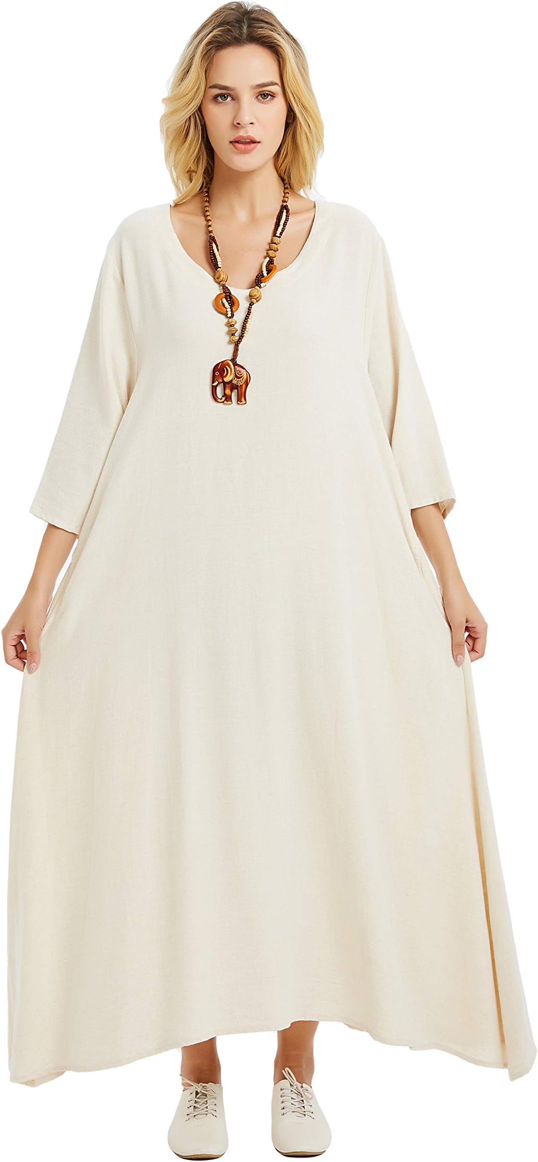 Anysize 3/4 Sleeves Linen Cotton Soft Loose Dress Spring Fall Plus Size Clothing F175A Beige
