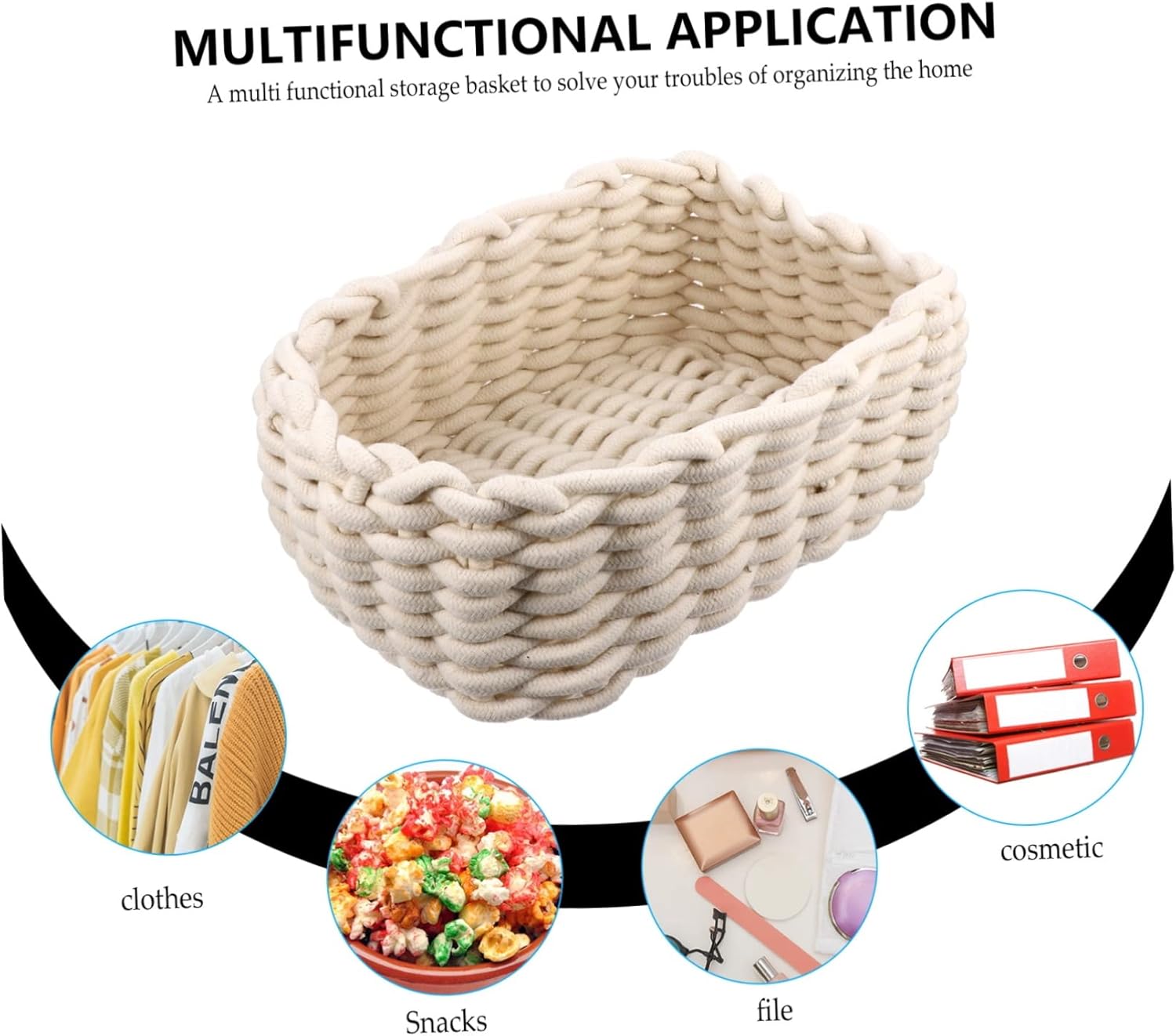 Decorative Cotton Storage Basket with Handle Handmade Woven Cotton Rope Organizer for Nursery Food Multifunctional Tabletop Bin Small