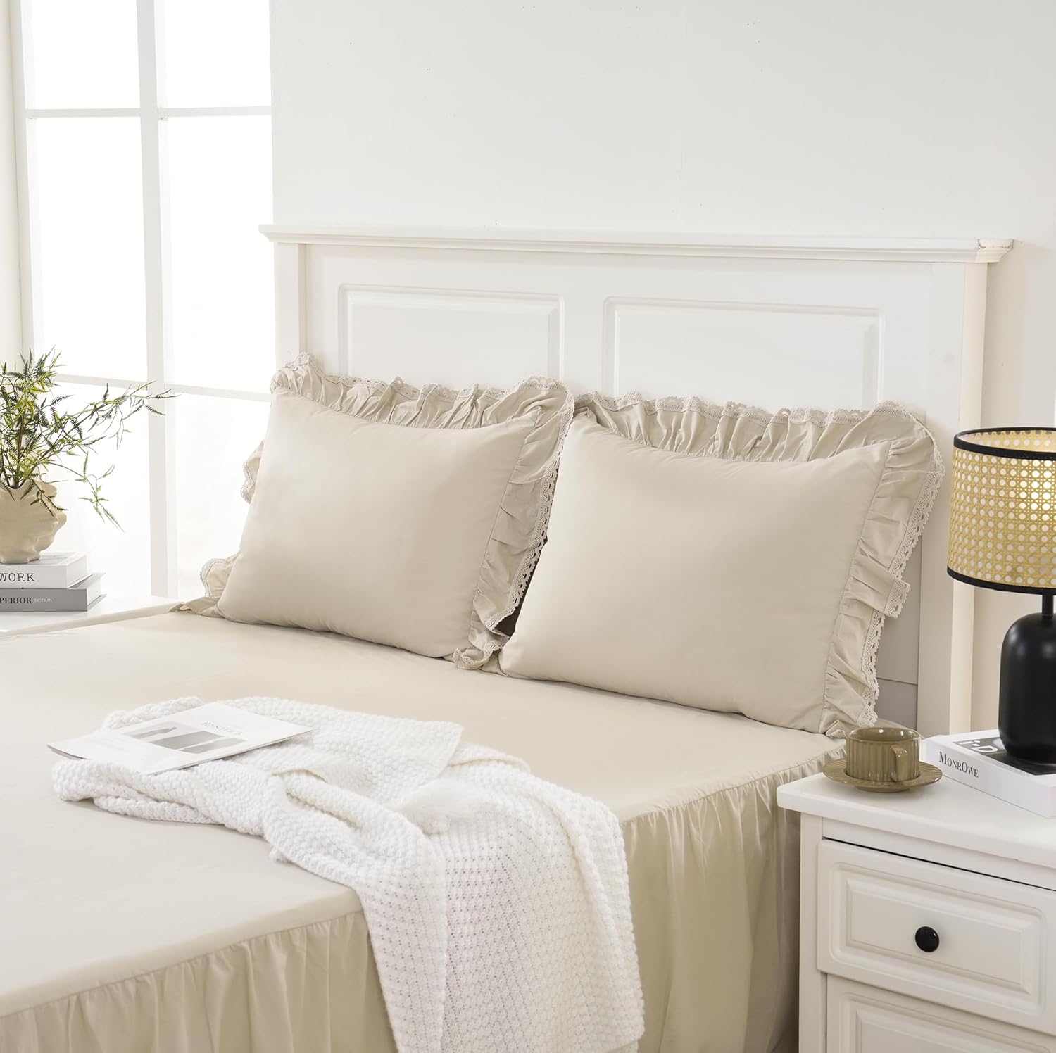 Ruffled Pillowcases, 20" X 26" Size, 100% Lightweight Cotton Pillow Shams Set of 2, Crochet Edge Lace Bedding Pillow Covers for Bed (Ivory)