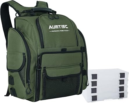 AUMTISC Fishing Tackle Bag Backpack for Men with 4 Tackle Boxes, 2 Rod Holder, Rain Cover, Large Fishing Equipment Gear Bags for Camping, Hiking