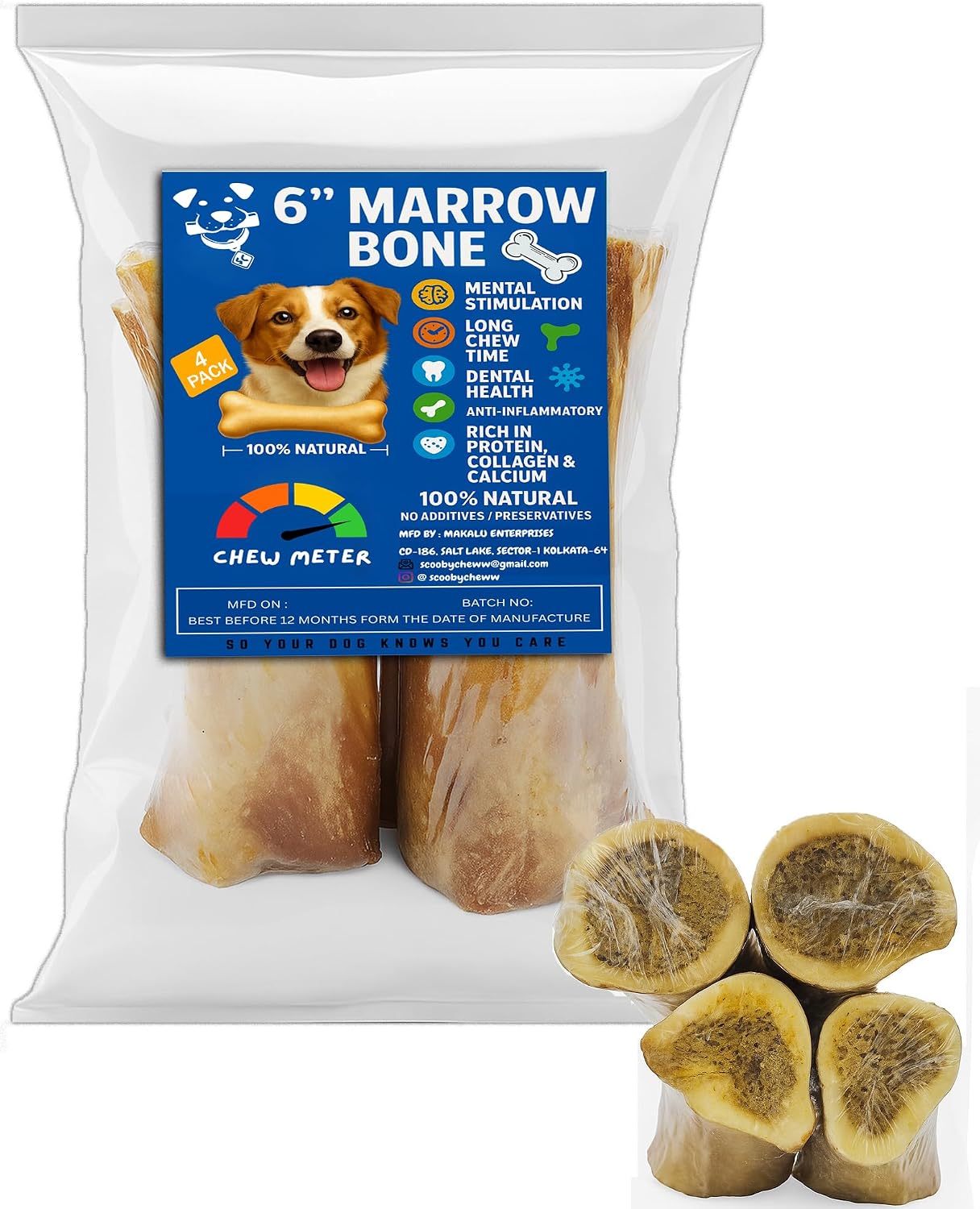 Beef Marrow Dog Bones | 6-Inch, 4-Pack | 100% Natural Meaty Marrow Treats | Long-Lasting Chews for Aggressive Chewers | High in Minerals & Vitamins | Supports Dental Health