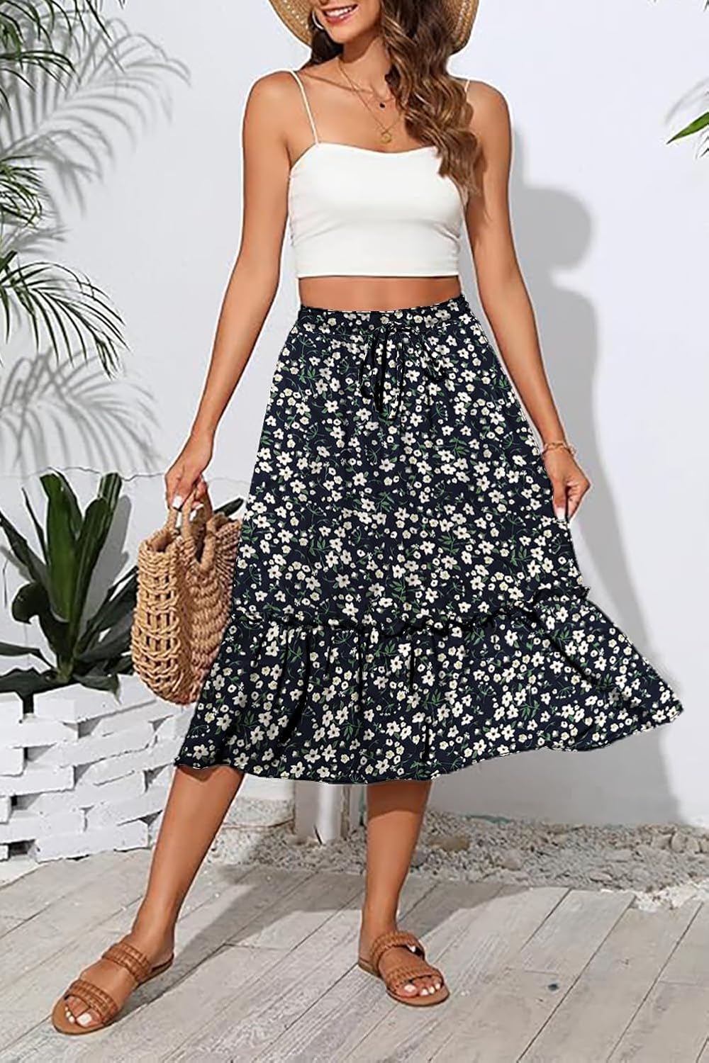 Women's High Elastic Waist Midi Skirt Casual Trendy Floral Print A line Skirts - Image 4