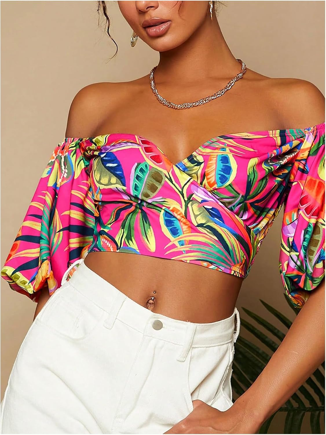 SweatyRocks Women's Off Shoulder Boho Tropical Print Bishop Short Sleeve Crop Blouses Vacation Tops - Image 4
