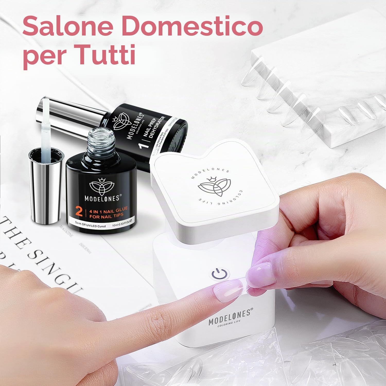 Modelones Unghie Finte con Gel Unghie Kit, 500 PCS Unghie Finte con Colla, Primer per Unghie Lampada LED e Colla per Unghie 4 in 1, Tip Unghie, Estensioni per Unghie, Nail Art kit Mandorla