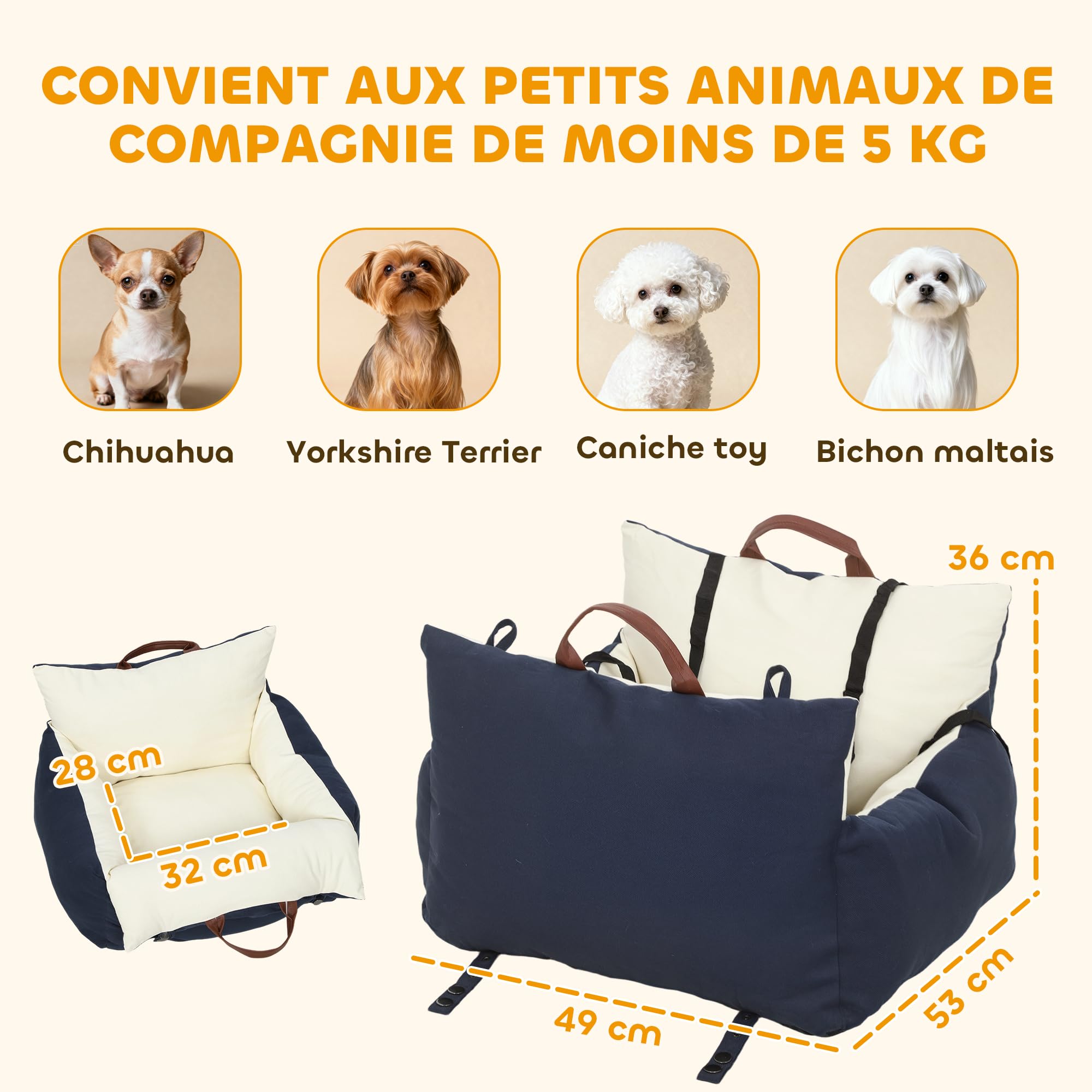 PawHut Siège Auto pour Chien avec Ceinture de sécurité et Fixation, siège de Voiture pour Chiens rembourré Confortable Portable jusqu'à 5kg, Panier Voiture pour Animal Coussin Amovible, Bleu Marine