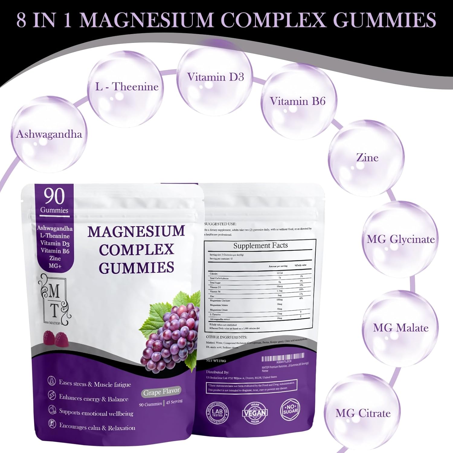 MATOP Magnesium Complex for Women Gummies - 8 in 1 Triple Magnesium Complex (Glycinate, Malate, Citrate) with L-Theanine, Ashwagandha, Vitamin D3, B6 & Zinc - Stress, Calm & Focus - 90 Vegan Gummies - Image 2
