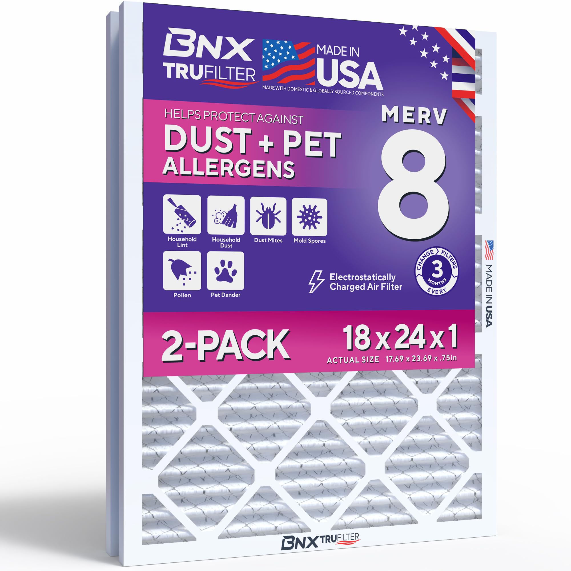 BNX TruFilter 18x24x1 Air Filter MERV 8 (2-Pack) - MADE IN USA – Dust &amp; Pet Defense Electrostatic Pleated Air Conditioner HVAC AC Furnace Filters for Dust, Pet, Mold, Pollen MPR 600 – 700 &amp; FPR 5