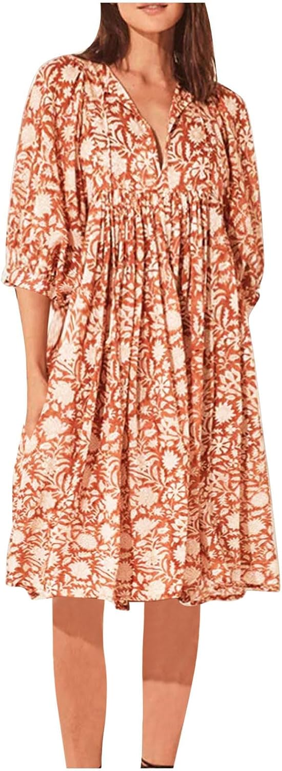 Womens Cotton Boho Floral Dresses Trendy Casual V Neck Lantern Sleeve Beach Midi Dress Flowy Sundress with Pockets