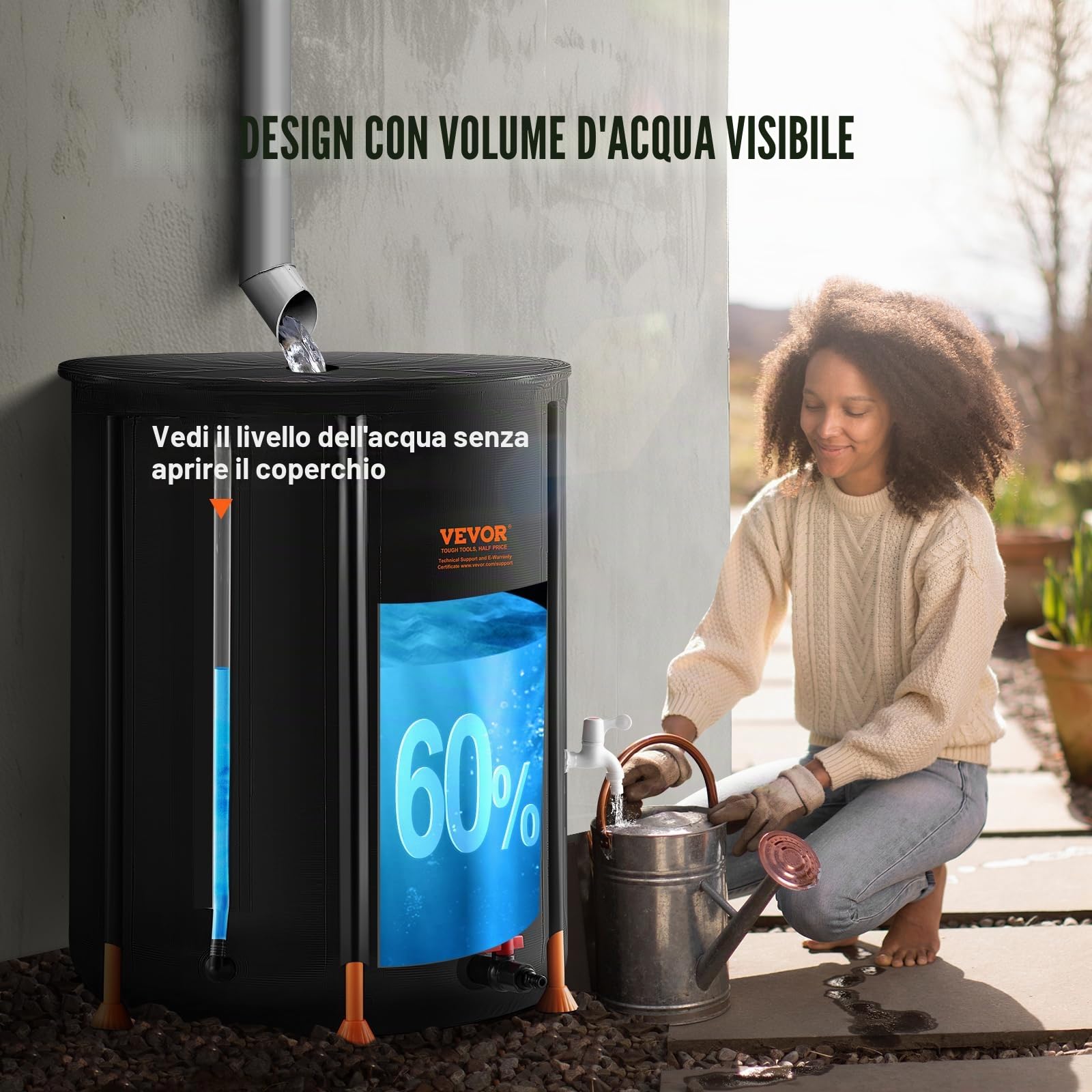 VEVOR Barile per Pioggia Pieghevole 68 x 60 x 90 cm Barile Portatile per Raccolta Acqua Piovana 250 L Sistema Raccolta Acqua Piovana con Rubinetti, Barile Acqua per Raccoglitore d'Acqua da Giardino