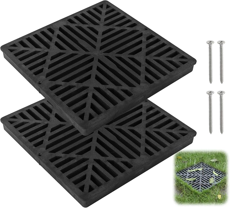 2 Pack 12 Inch Catch Basin Drain Grate, Fiberglass Reinforced Polyethylene Square Drain Cover for Yard Patio Driveway Drainage, Black