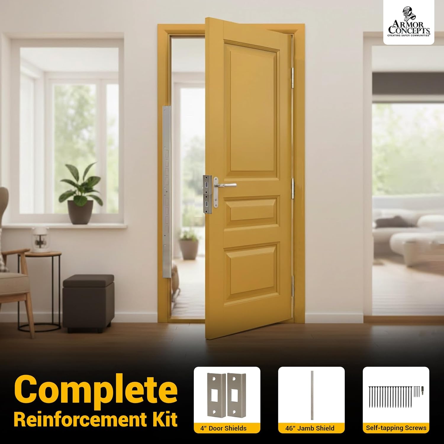 Door Armor MINI 3-Piece Door Reinforcement Kit – Door Jamb & Frame Security Plate for Anti Kick-in Protection, Front Door Security Device, Deadbolt Reinforcement Plate, Made in USA (Satin Nickel)