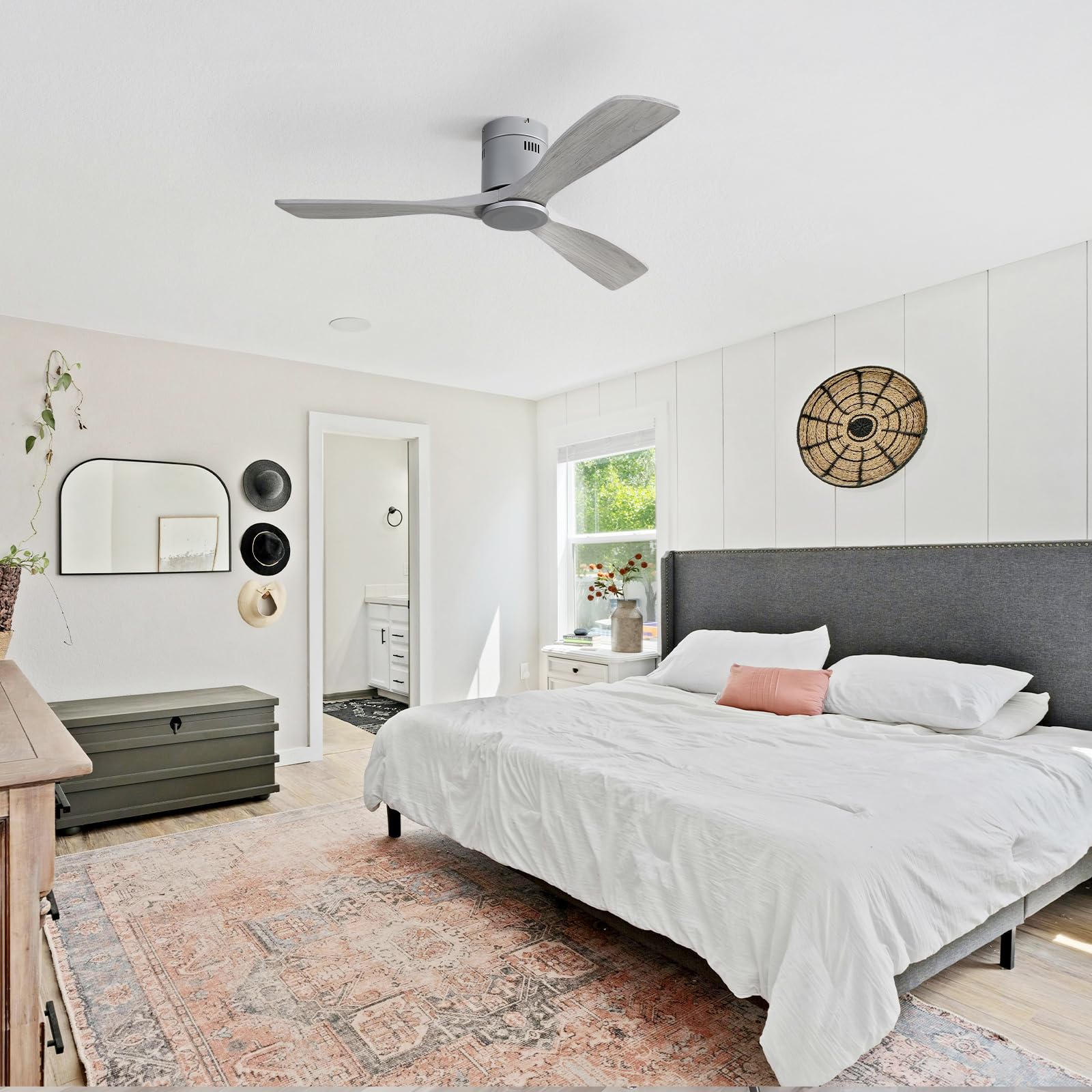 Sofucor Ventilateur de Plafond avec Télécommande, 132 cm, Bois Massif, 3 Pales, Télécommande, 6 Vitesses, Moteur DC Silencieux, Minuterie pour Chambre