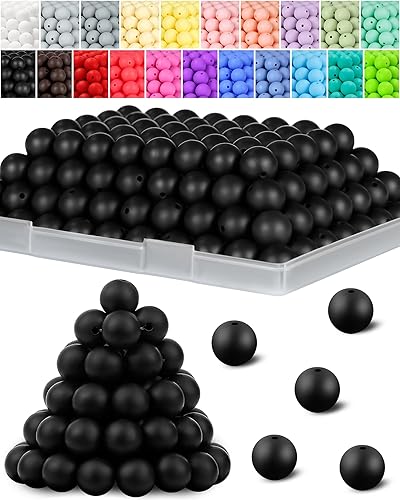 120 cuentas de silicona, cuentas de silicona de 0.59 pulgadas de color negro para hacer llaveros, cuentas redondas de silicona para pulseras,