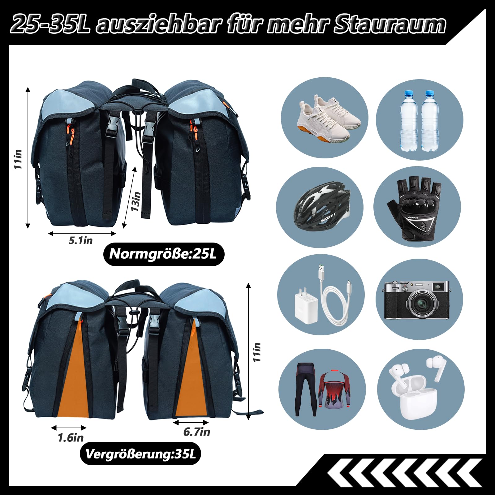 Sacoche de vélo pour porte-bagages, 25 à 35 l, double sacoche étanche | Sacoche double pour porte-bagages, porte-bagages avec réflecteurs et poignée, pour VTT
