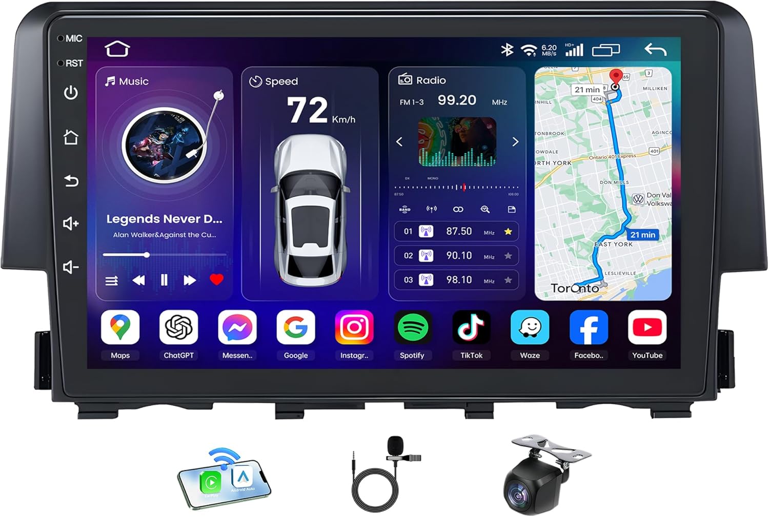 [8Core 4G+64G] Car Radio for Honda Civic 2016-2021: 9" 1280 * 800 HD Touchscreen Stereo with Wireless Carplay Android Auto 5G WiFi GPS Bluetooth FM AM DSP SWC Mirror Link 1080P Backup Camera