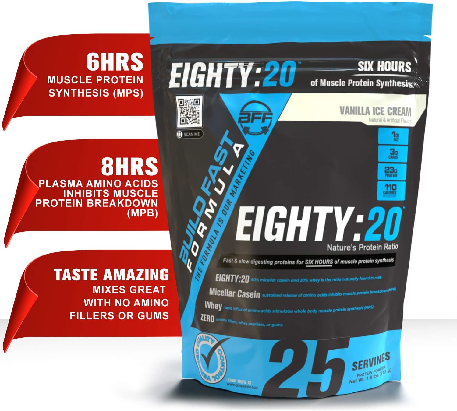 Eighty:20 Protein Powder Casein & Whey Blend | Fast & Slow Digesting Proteins for 6 Hours Muscle Protein Synthesis for Men & Women | Keto Friendly & Great Tasting (Vanilla Ice Cream)