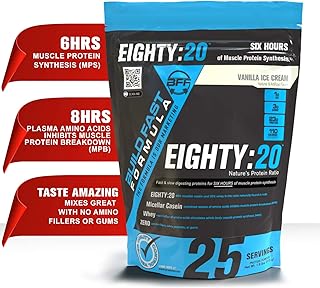 Eighty:20 Protein Powder Casein & Whey Blend | Fast & Slow Digesting Proteins for 6 Hours Muscle Protein Synthesis for Men & Women | Keto Friendly & Great Tasting (Vanilla Ice Cream)