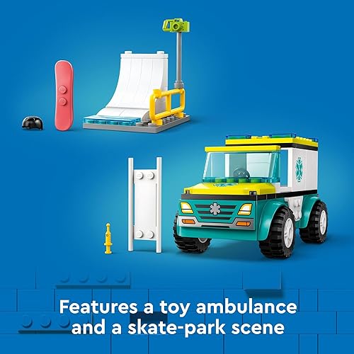 Miniatura 4 de LEGO Juego de vehículo de juguete para ambulancia y snowboarder de emergencia urbana para niños, minifiguras paramédicas y de huéspedes, juguete