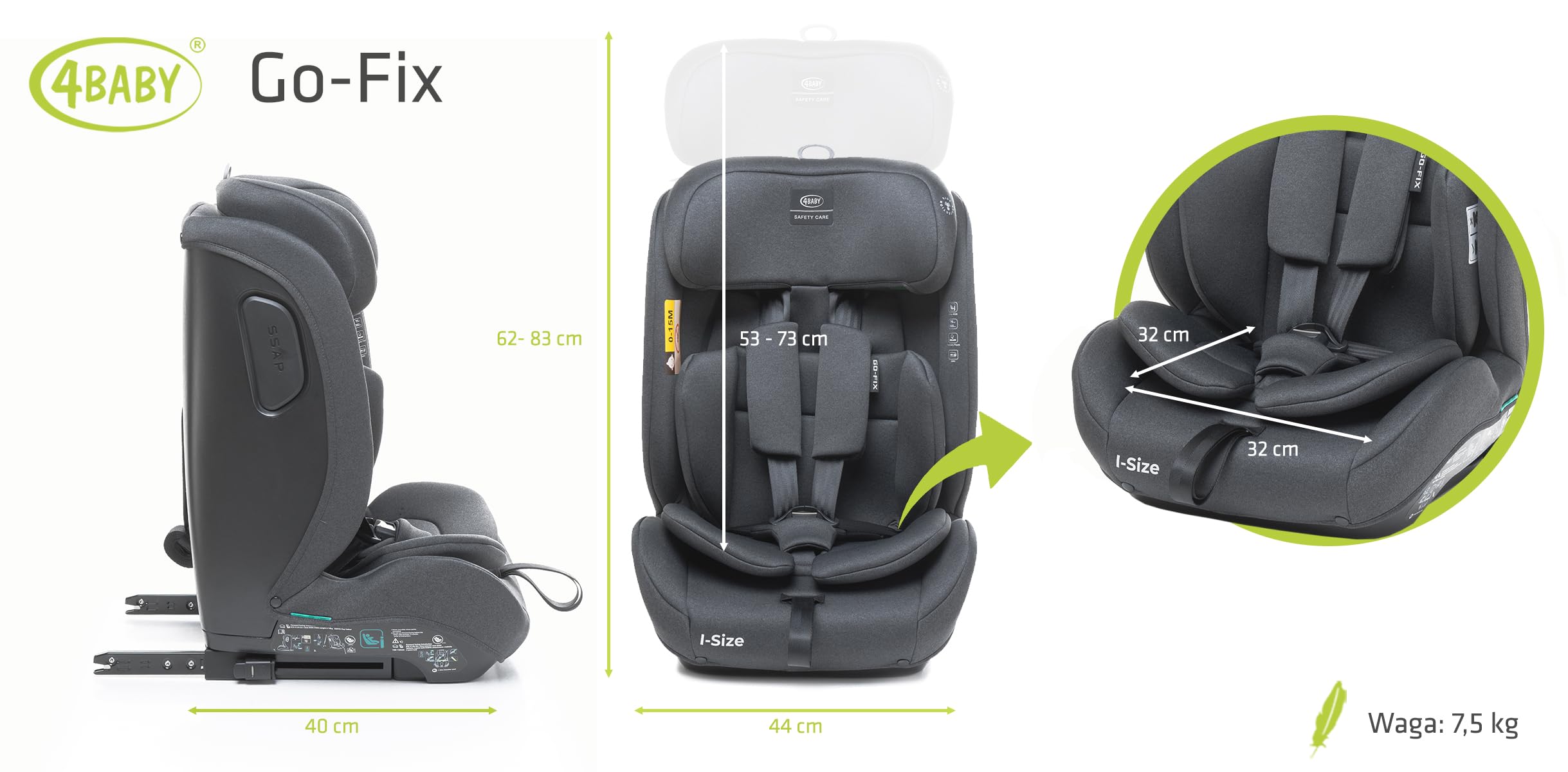 4BABY kindersitz mit isofix 76-150 cm Go-Fix, einstellbar, schutzeinlage, Vorwärtsgerichteter Einbau, I-Size (Graphite)