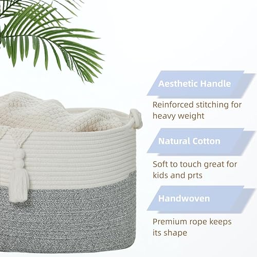 Miniatura 3 de Cesta de manta de 20 x 13 x 11 pulgadas, cesta tejida grande para almacenamiento, cesta de cuerda de algodón para mantas en la sala de estar,