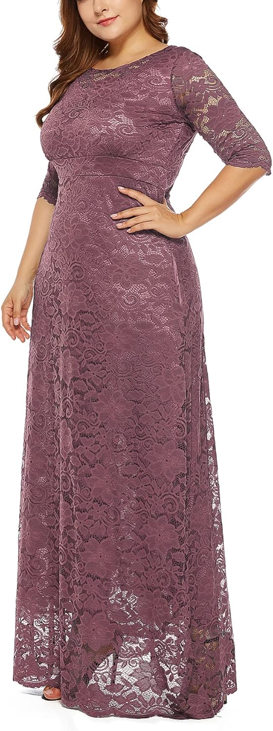 Eternatastic Women's Floral Lace 2/3 Sleeves Maxi Dress Plus Size Evening Party Dresses
